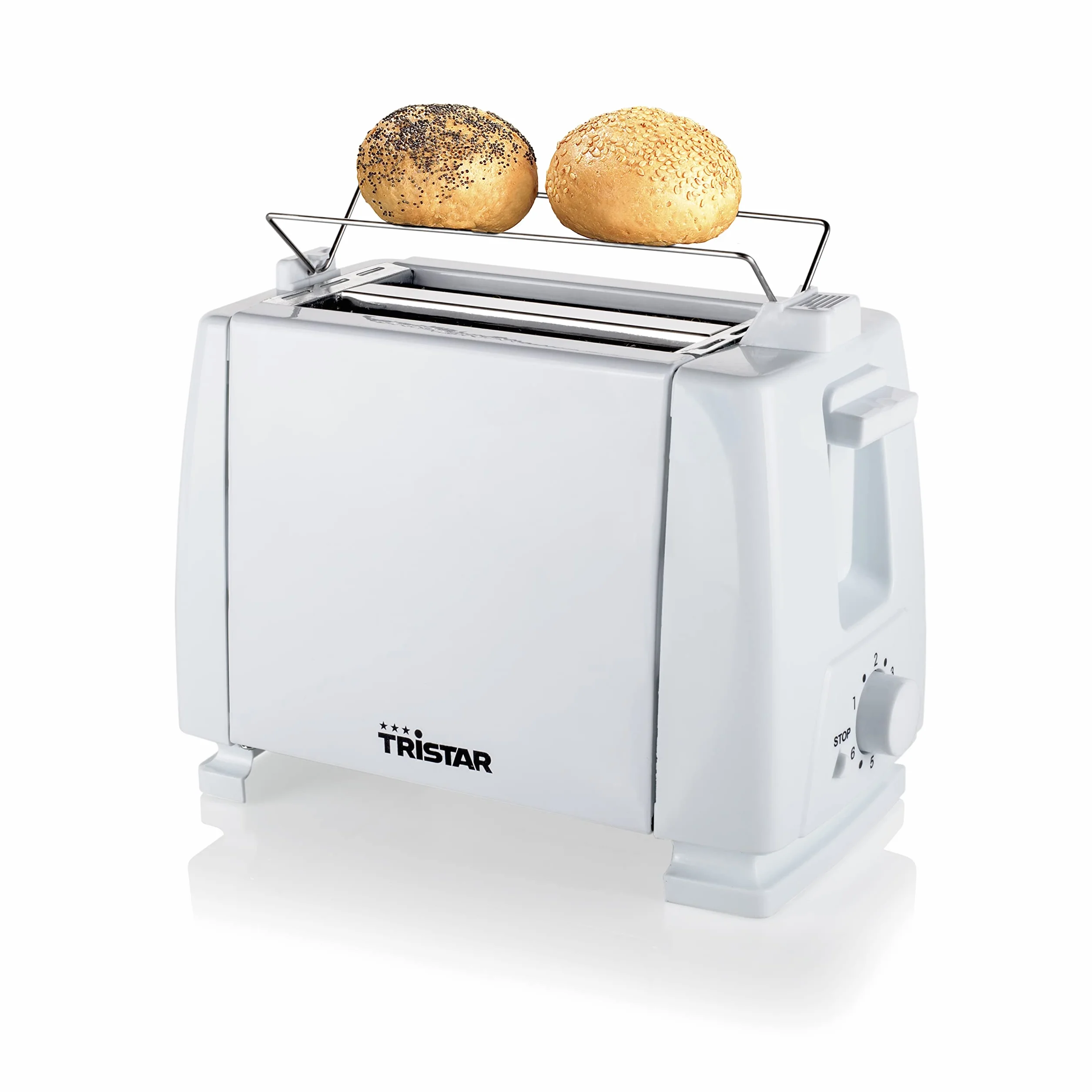 Tristar BR-1009 toster, 650 W, na 2 kromki tostów, 2 krótkie szczeliny, 6 poziomów opiekania i funkcja podgrzewania bułek – biały