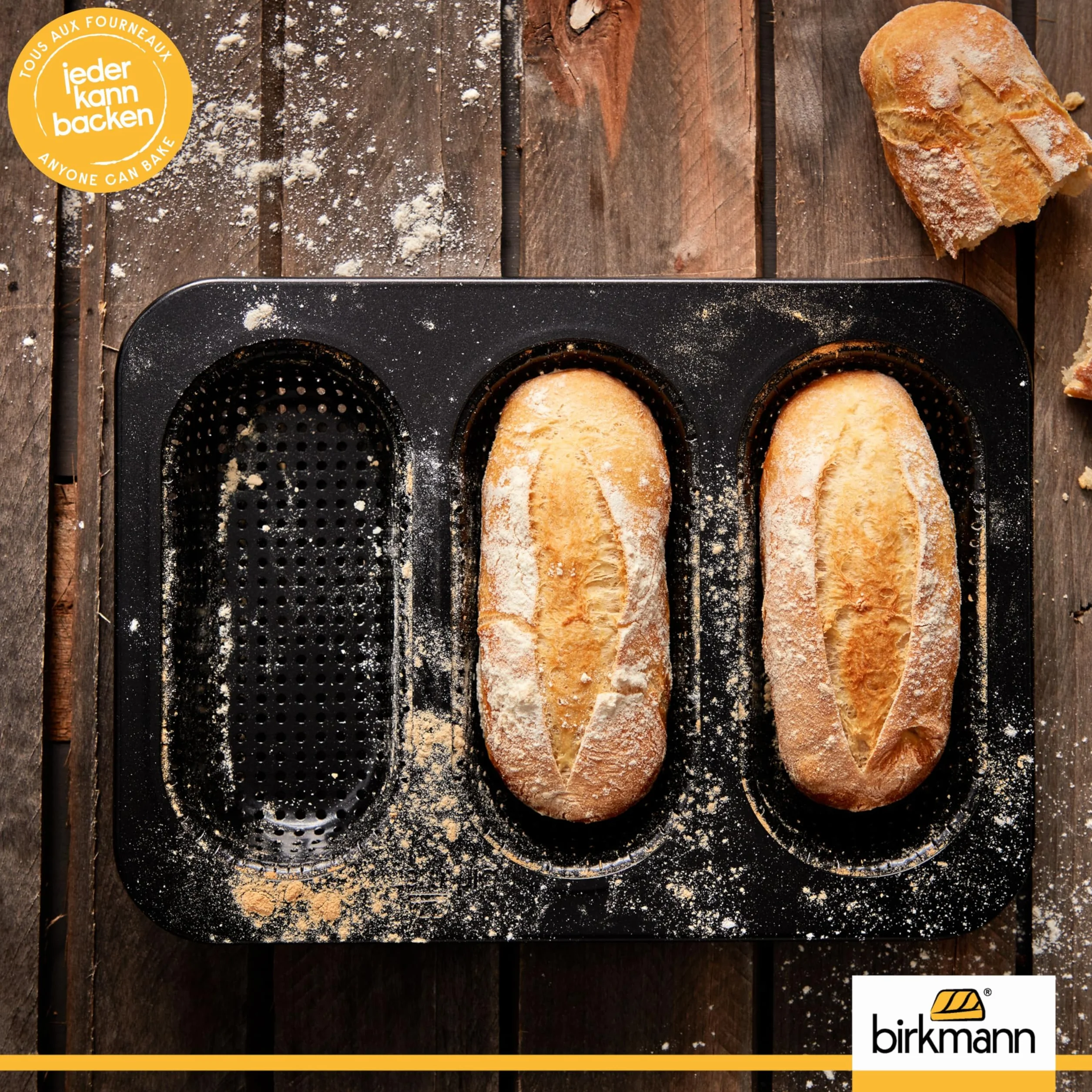 Birkmann, Bread Buddies, blacha do bagietek, perforowana forma do bagietek ze stali węglowej na 3 bagietki z powłoką zapobiegającą przywieraniu i pomysłem na przepisy kulinarne, 331006