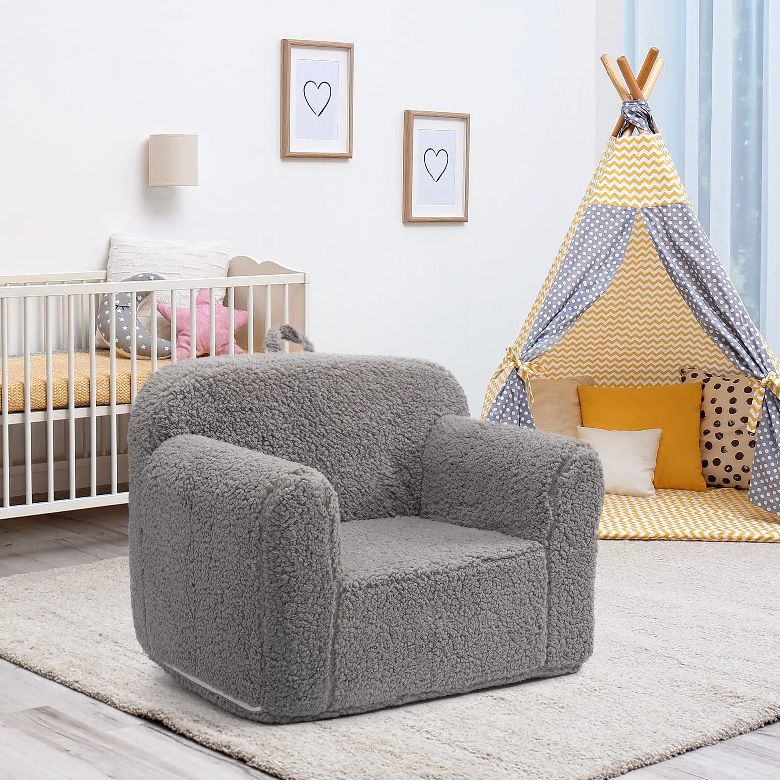 BEJOY Sofa dziecięca – ultra miękki fotel dziecięcy wypełniony pianką, przytulna kanapa do czytania Sherpa dla dziewcząt i chłopców, kolor szary