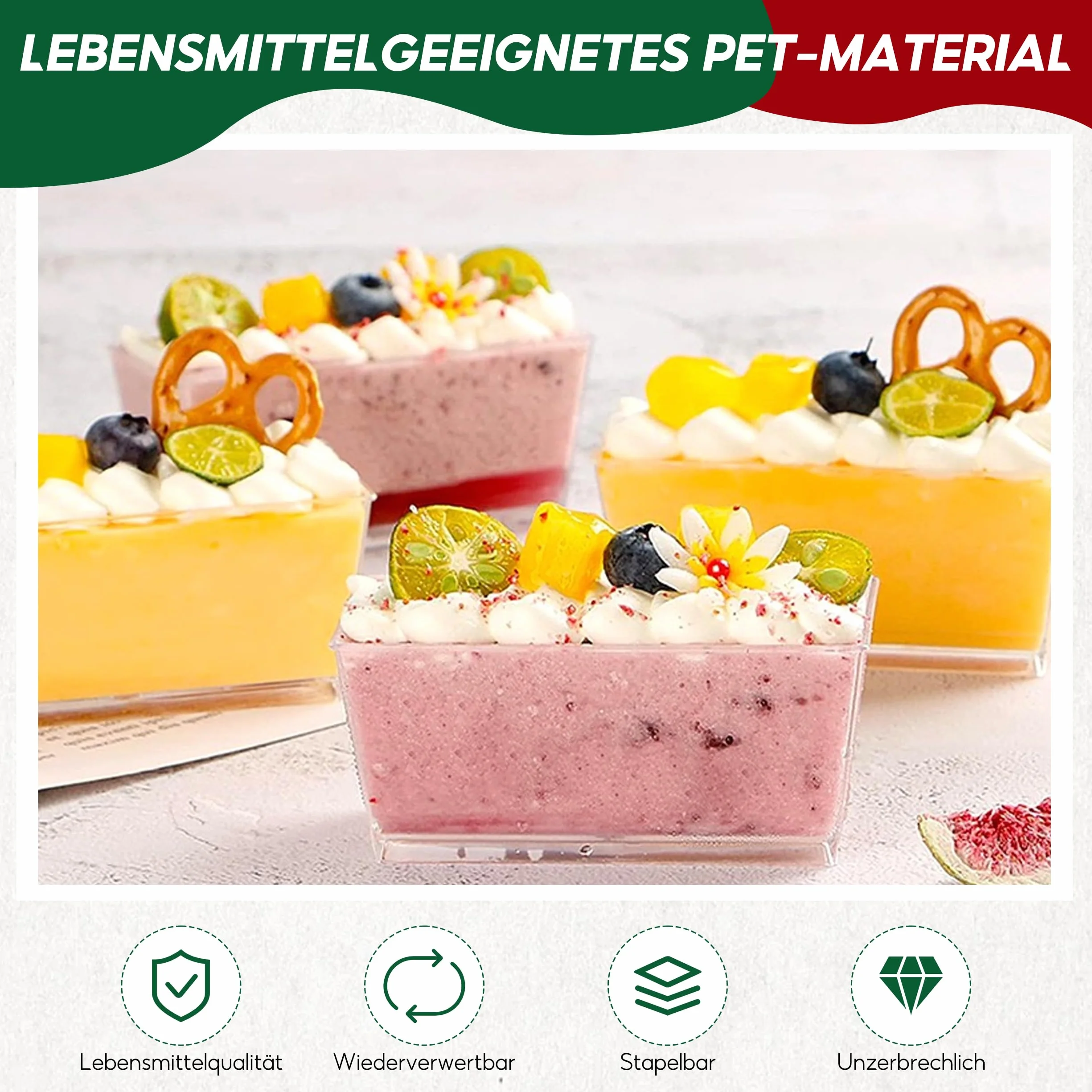 30 Sztuk Plastikowych Kubków Deserowych, Prostokątne, Przezroczyste Miseczki Deserowe, Wielokrotnego Użytku, Kwadratowe Kubki Deserowe, do Deserów, Puddingu, 140 ml, Materiał PS