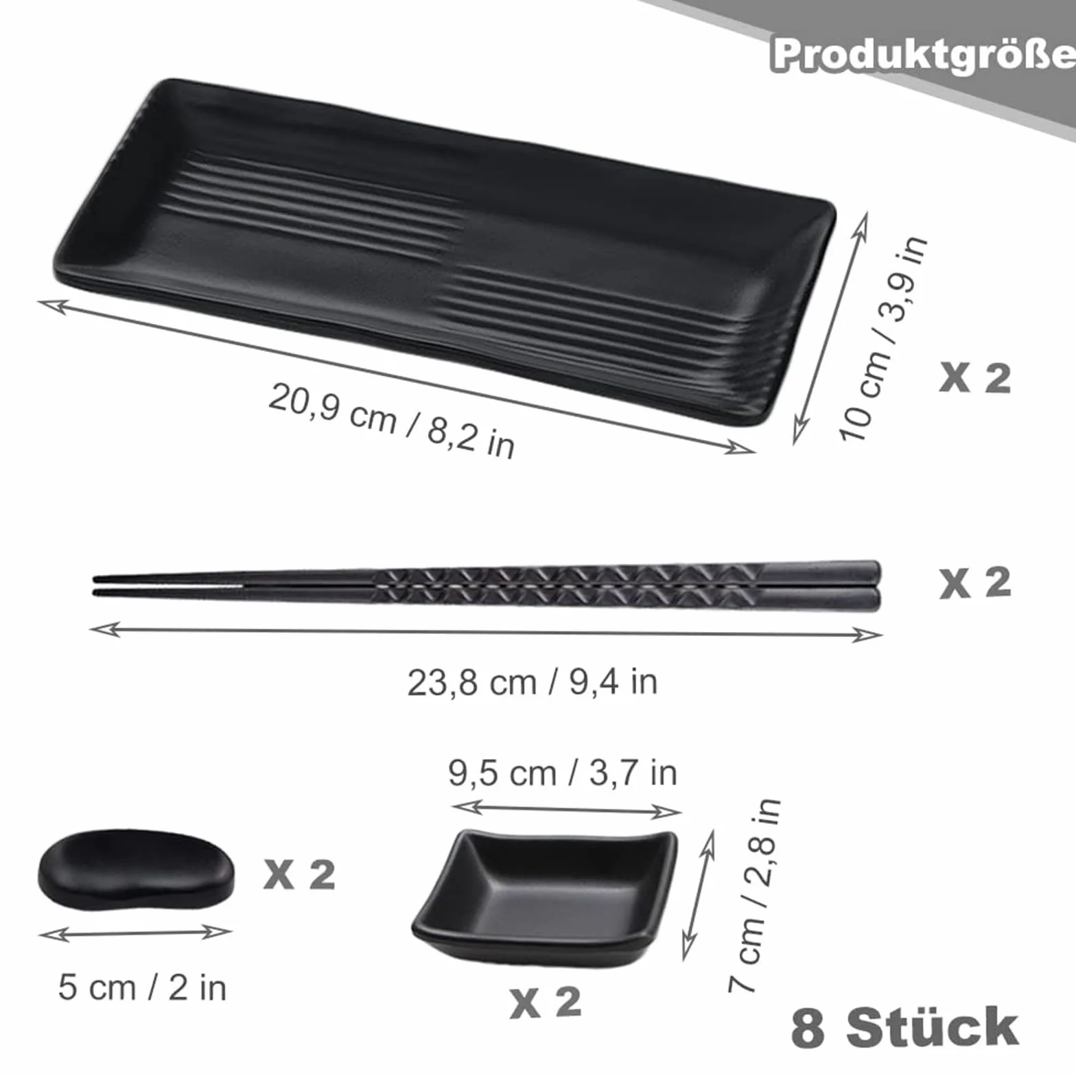 Talerz do sushi z miseczkami do dipów, naczynia do sushi z pałeczkami, japońskie talerze do sushi, zestaw azjatyckich naczyń, z 2 parami pałeczek, 2 półkami, 2 talerze, 2 talerze, czarny