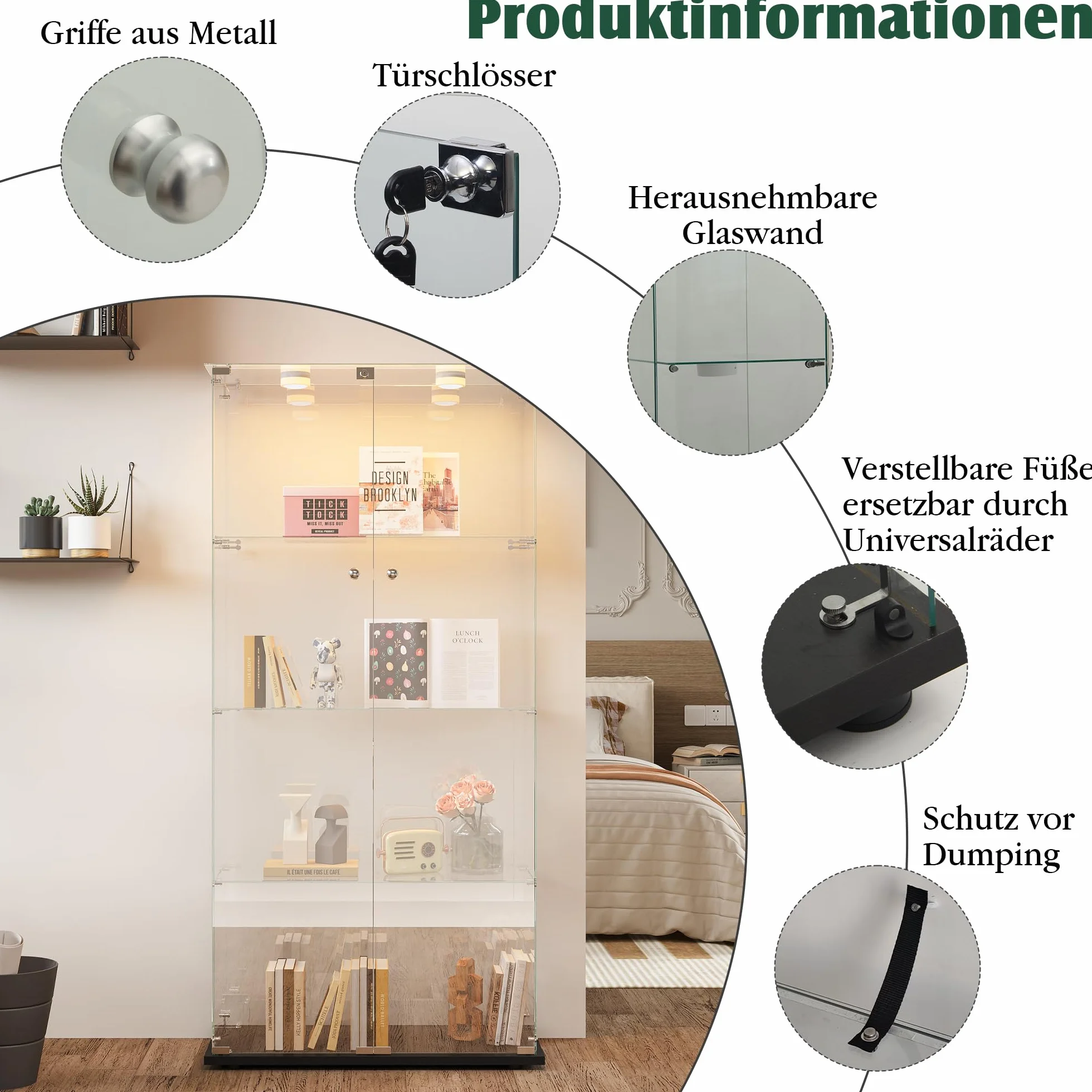 BEIJIALY Szklana witryna LED, prezentacja kolekcjonerska, 2 drzwi i 4 półki, przezroczysta, szklana witryna z zamkiem, do dekoracji figurek, mebli barowych do salonu