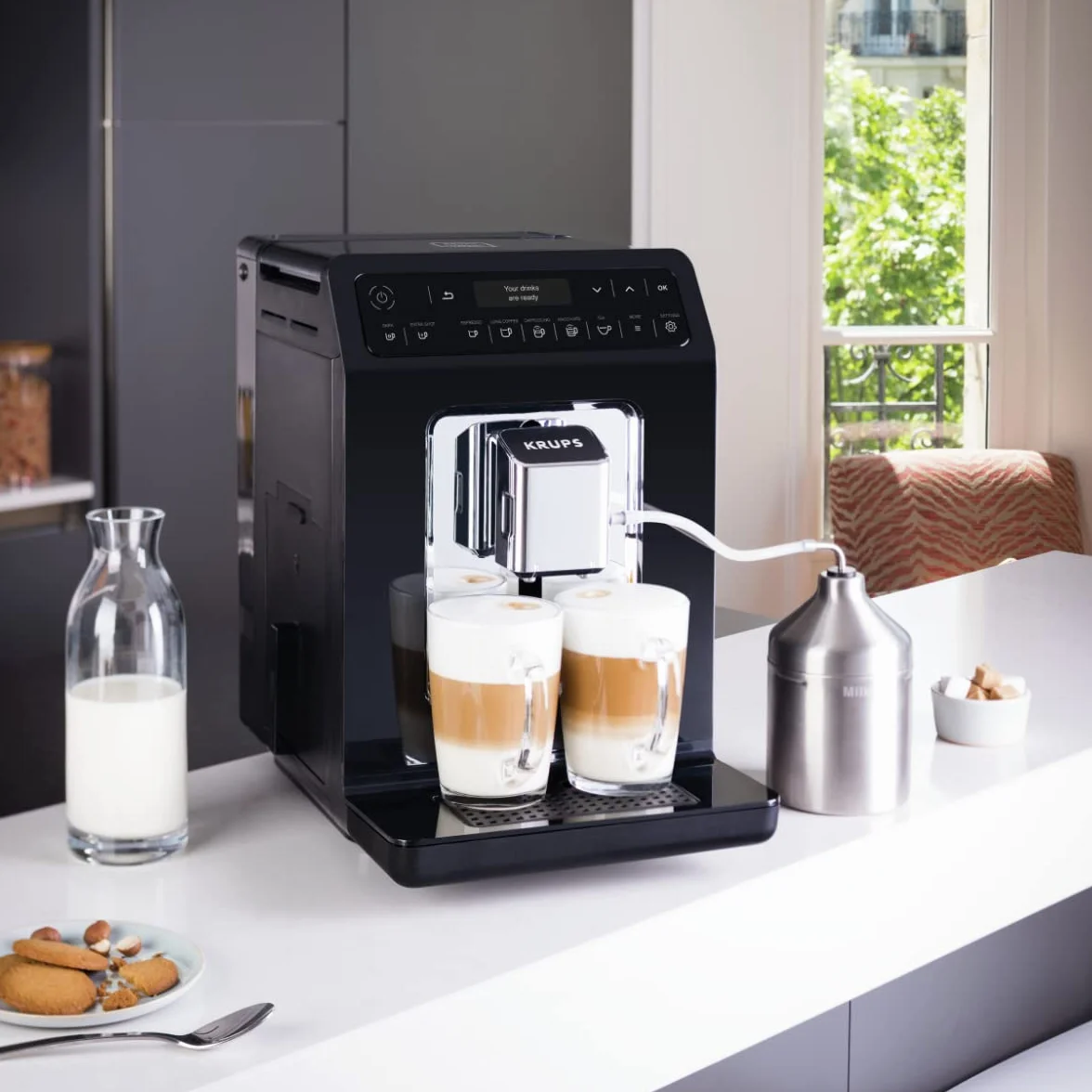 Krups EA8918 Evidence w pełni automatyczny ekspres do kawy | wyświetlacz OLED Barista Quattro Force Technology | 12 kawa | 3 odmiany herbaty | cappuccino jednym dotknięciem | funkcja 2 filiżanek | czarny