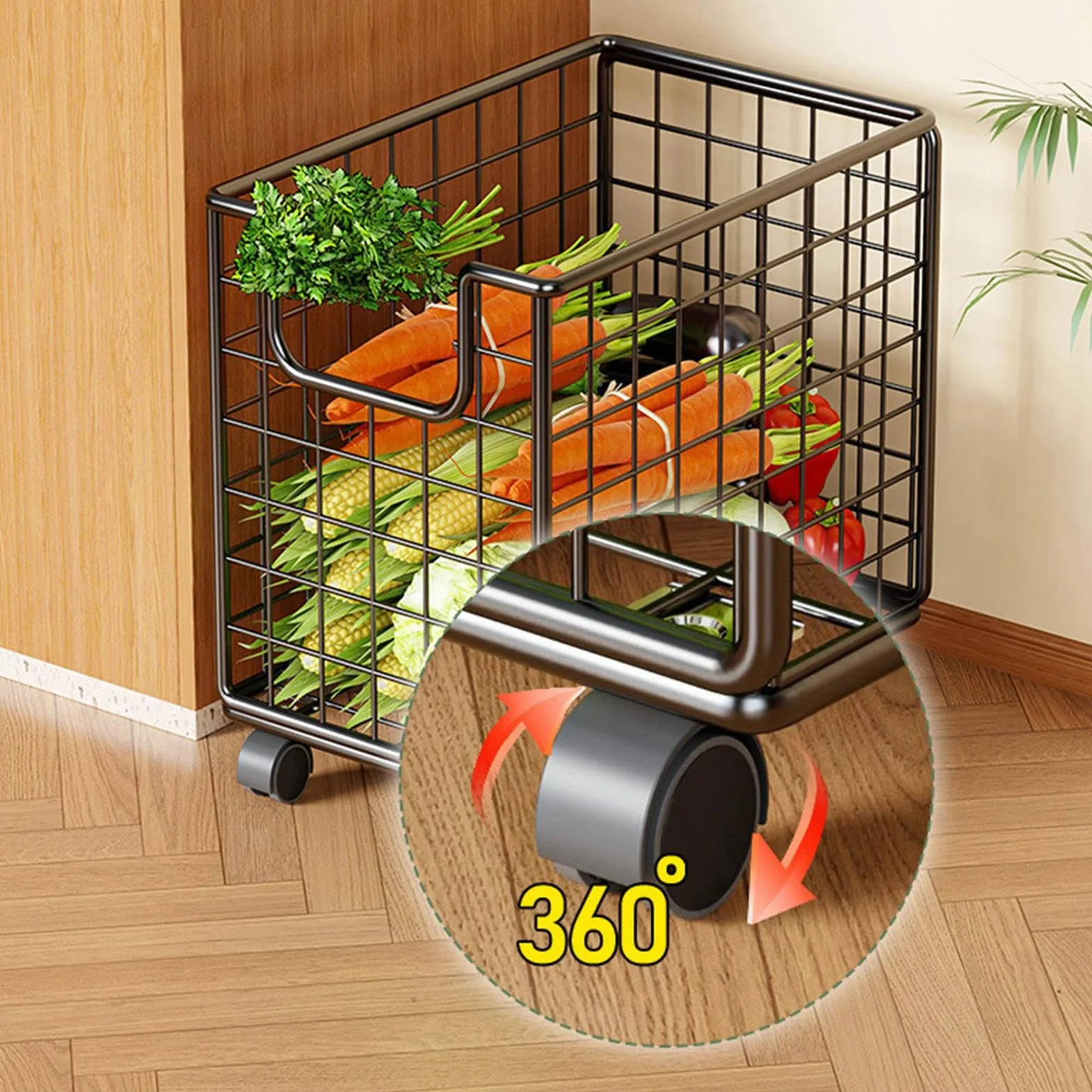 Kitchen Rolling Cart, 360° Rotating Storage Rack, Multi-Tier Floor Organizer with Wheels, Space-Saving Portable Utility Cart, Mesh Basket Design, for Pantry, Laundry, Bathroom, 28x44x40cm Black