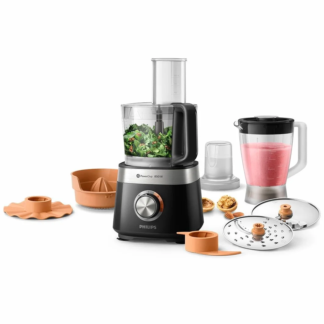 Philips Kompaktowy robot kuchenny oraz blender - 850 W, 31 funkcji, Pojemnik 2,1 l, Technologia PowerChop, Ostrze ze stali szlachetnej (HR7530/10)