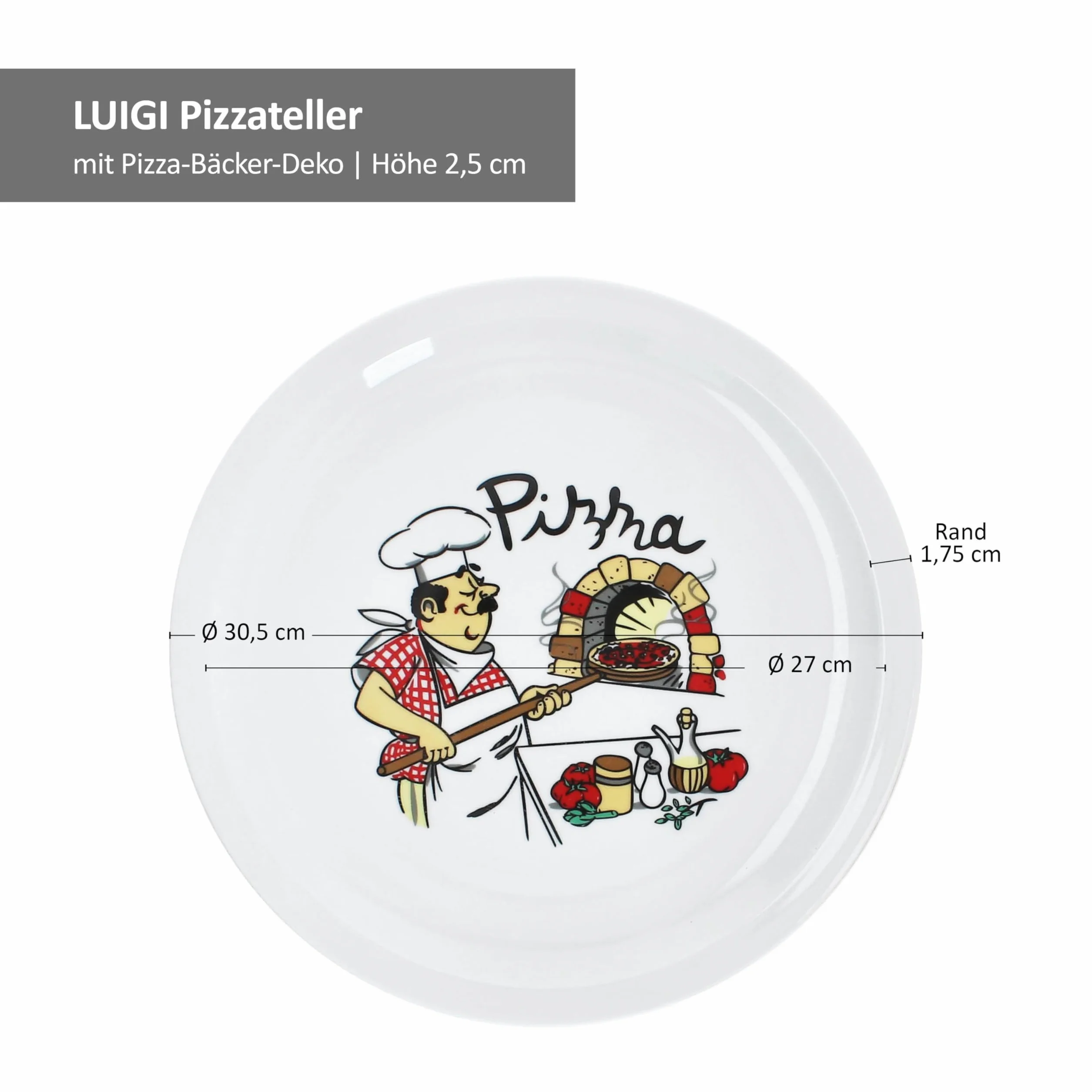 MamboCat Luigi 6-częściowy zestaw talerz do pizzy I Ø 30,5 cm I dla 6 osób I białe duże talerze z porcelany z motywem pieczywa pizzy I do pizzy lub do przyrządzania