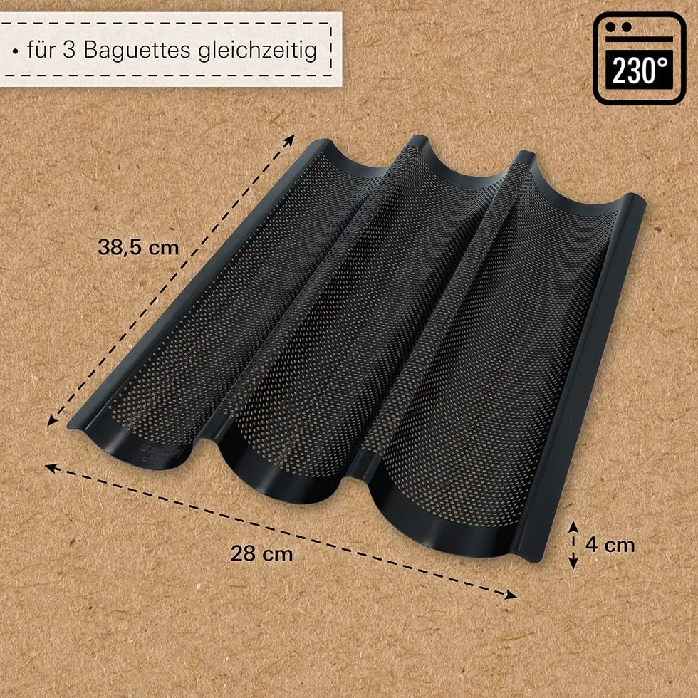 Birkmann, Bread Buddies, blacha do bagietek, perforowana forma do bagietek ze stali węglowej na 3 bagietki z powłoką zapobiegającą przywieraniu i pomysłem na przepisy kulinarne, 331006