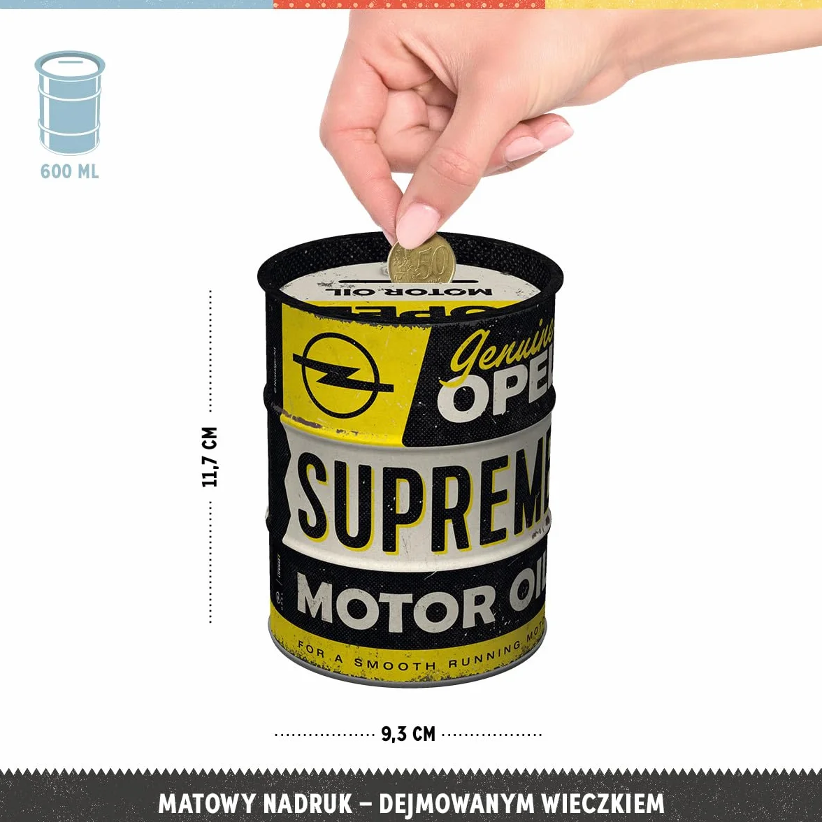 Nostalgic-Art Retro skarbonka, 600 ml, Opel – Supreme Motor Oil – Pomysł na prezent dla miłośników Opla, Official License Product (OLP), metalowa skarbonka, Styl vintage