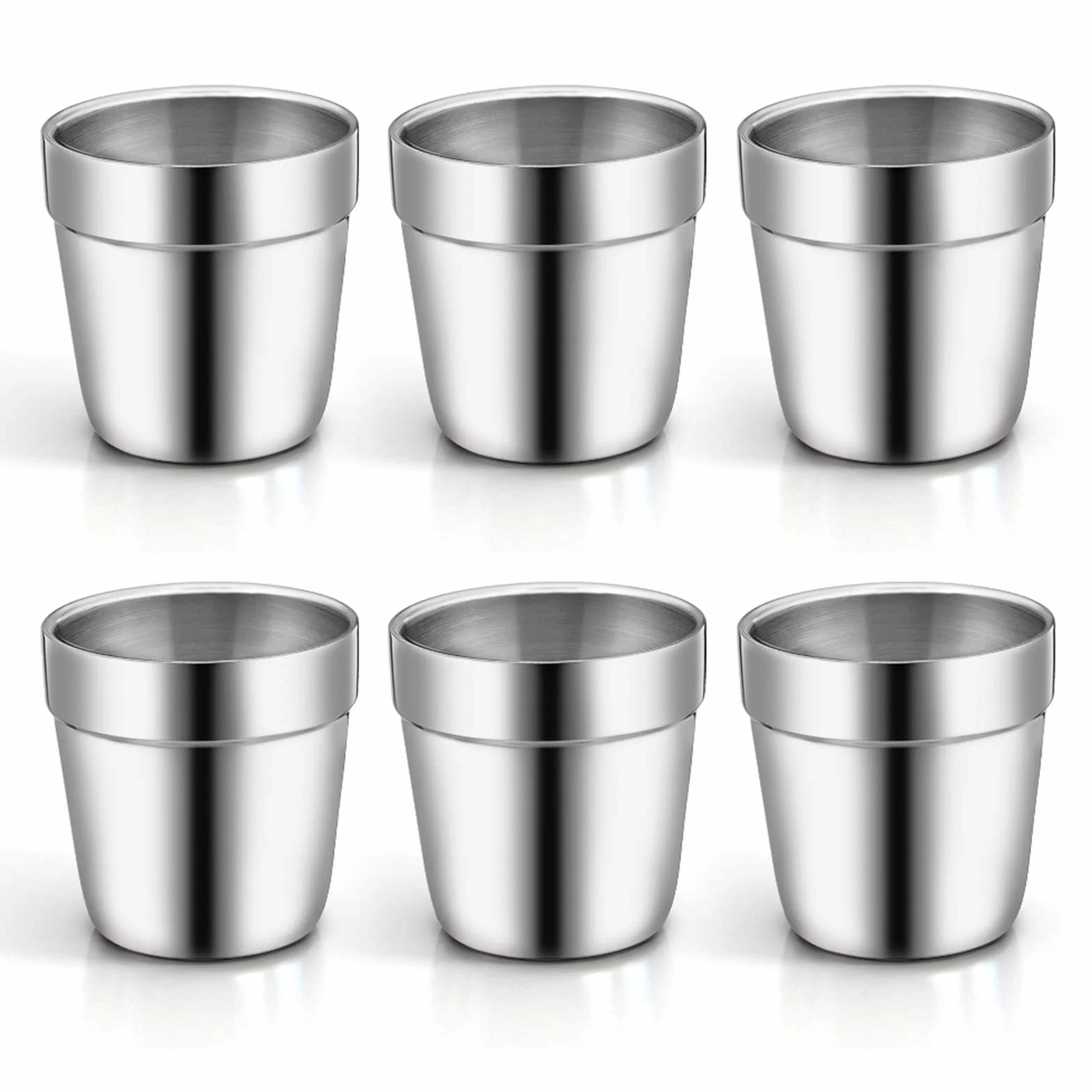 TEAMFAR Filiżanki do espresso, zestaw 6 sztuk, ze stali nierdzewnej, grube ścianki z podwójnymi ściankami, filiżanki do herbaty, filiżanki do kawy, do domu, na imprezę, lub na kemping, nietłukące się