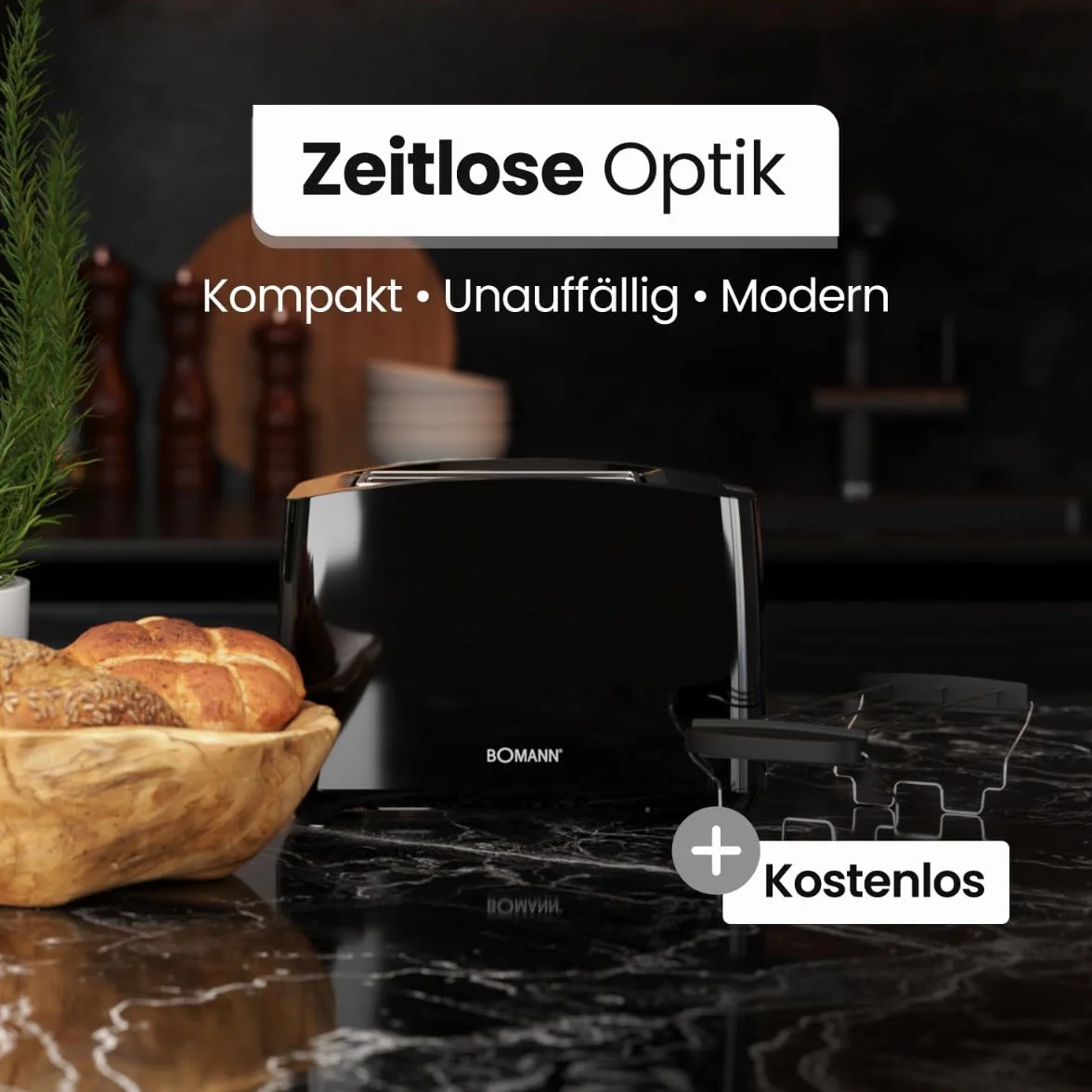 Bomann, Kompaktowy toster na 2 kromki, Rozmrażanie, Podgrzewanie, Szybkie wyłączanie, Uchwyt na bułki, TA6065CB, Czarny