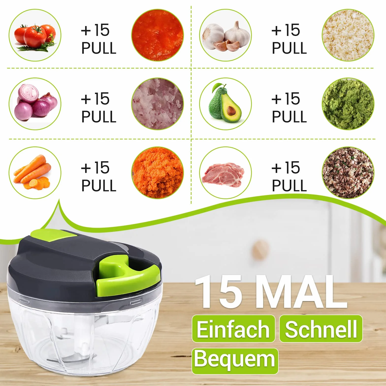 Krajalnica do cebuli, 520 ml Krajalnica do warzyw Ręczny siekacz do cebuli ze wspomaganiem, siekacz do cebuli Siekanie i miksowanie w 10 sekund Dodatkowe 3 ostrza ze stali nierdzewnej i 1 blender