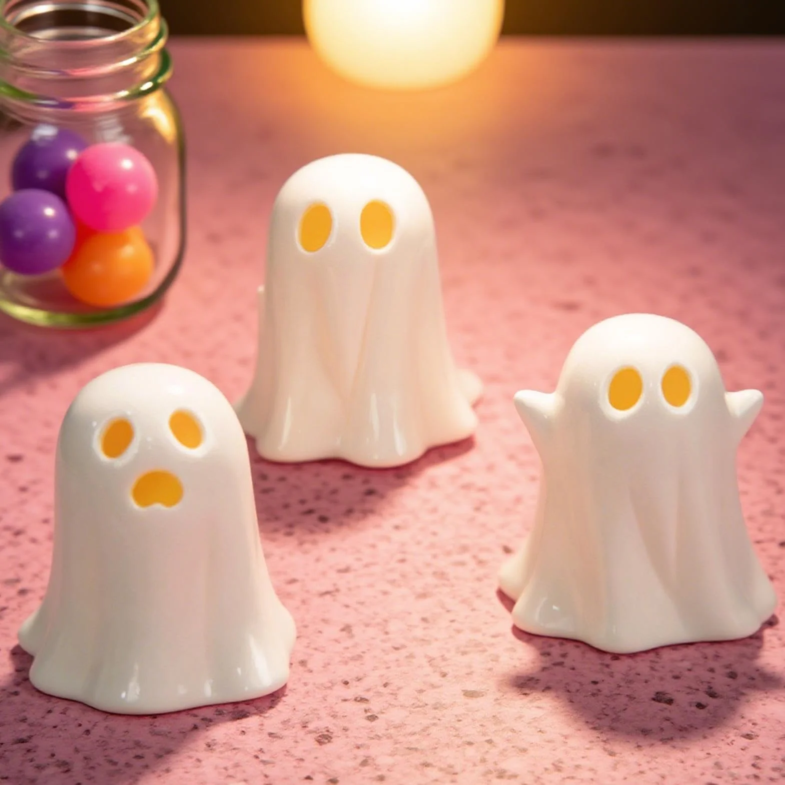 Ghost Figurine, Halloween Sculpture Ghost LED Lighting, 3 Pieces Cute Miniature Collectible Ornaments, for Haunted House Mantel Shelf Windowsill Fireplace 3.54x4.13 inches
