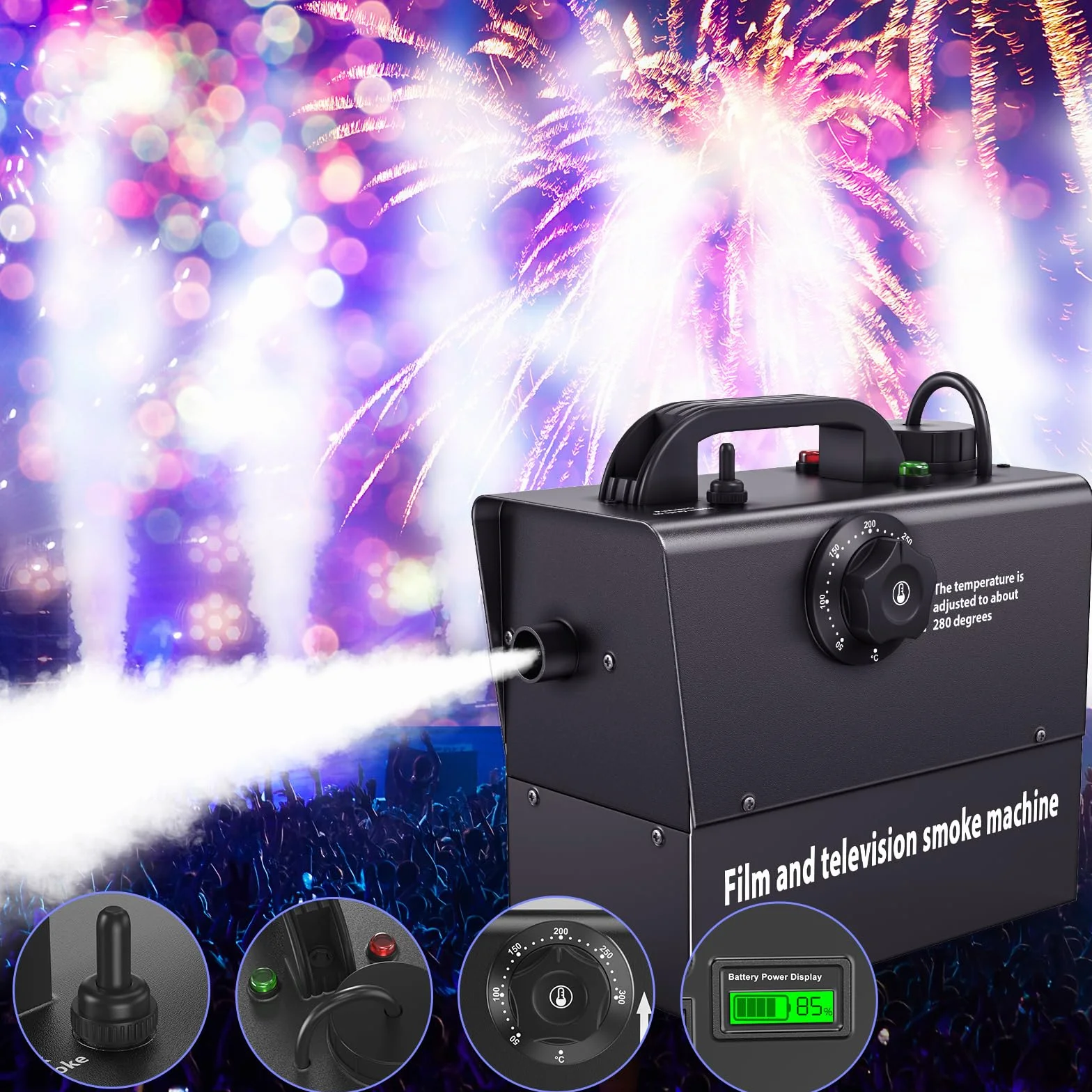 Przenośna maszyna do dymu 400 W, wbudowana bateria, 21000 mAh, widoczny prąd, odpowiedni do teatru, nagrywania filmów i telewizji, Halloween, Boże Narodzenie, imprezy, spotkania rodzinne