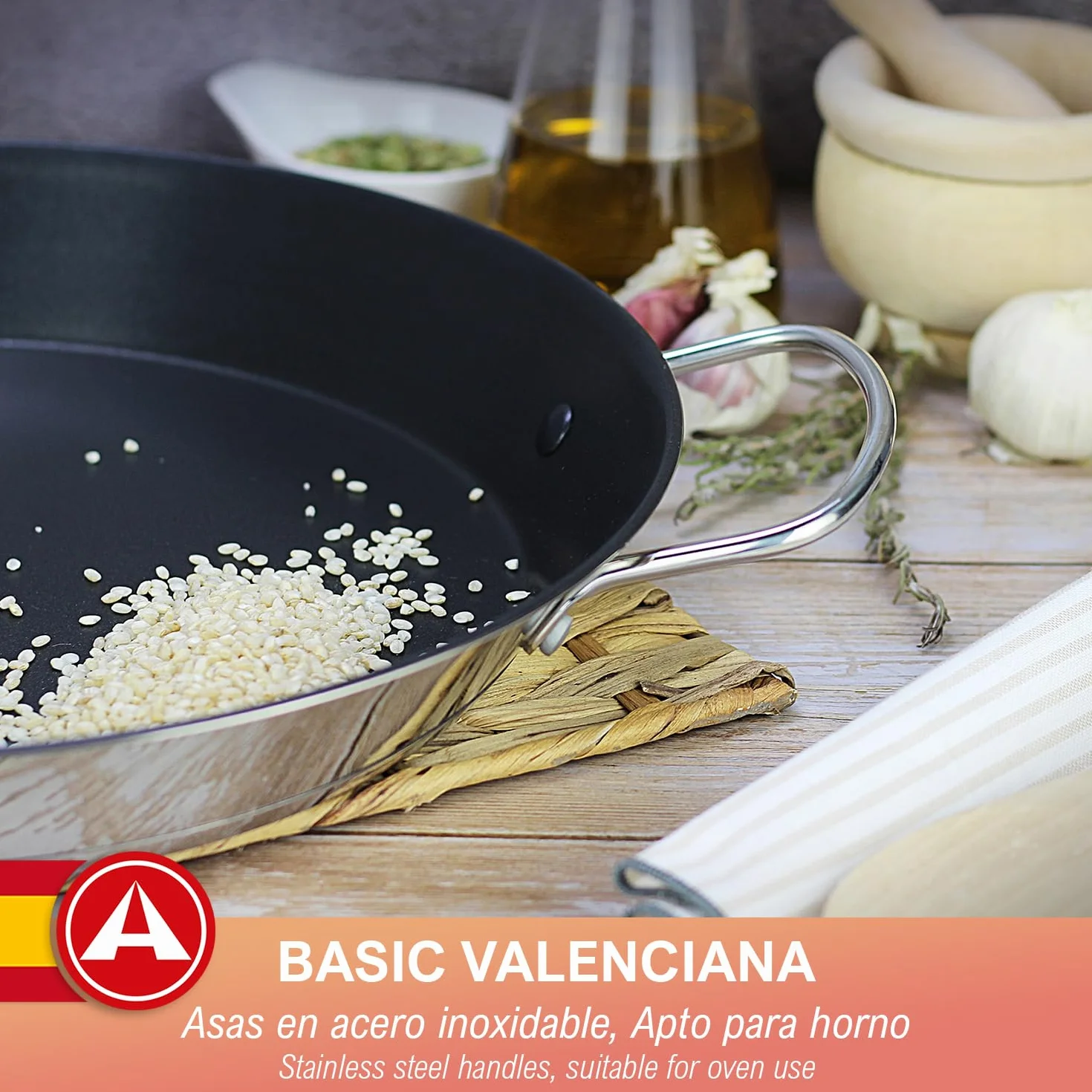 Alza Basic - Patelnia do Paella 32 cm, Stal Nierdzewna 18/10, Wszystkie Rodzaje Płytek, Indukcja i Piekarnik, Powłoka Nieprzywierająca Wielowarstwowa Wolna od PFOA
