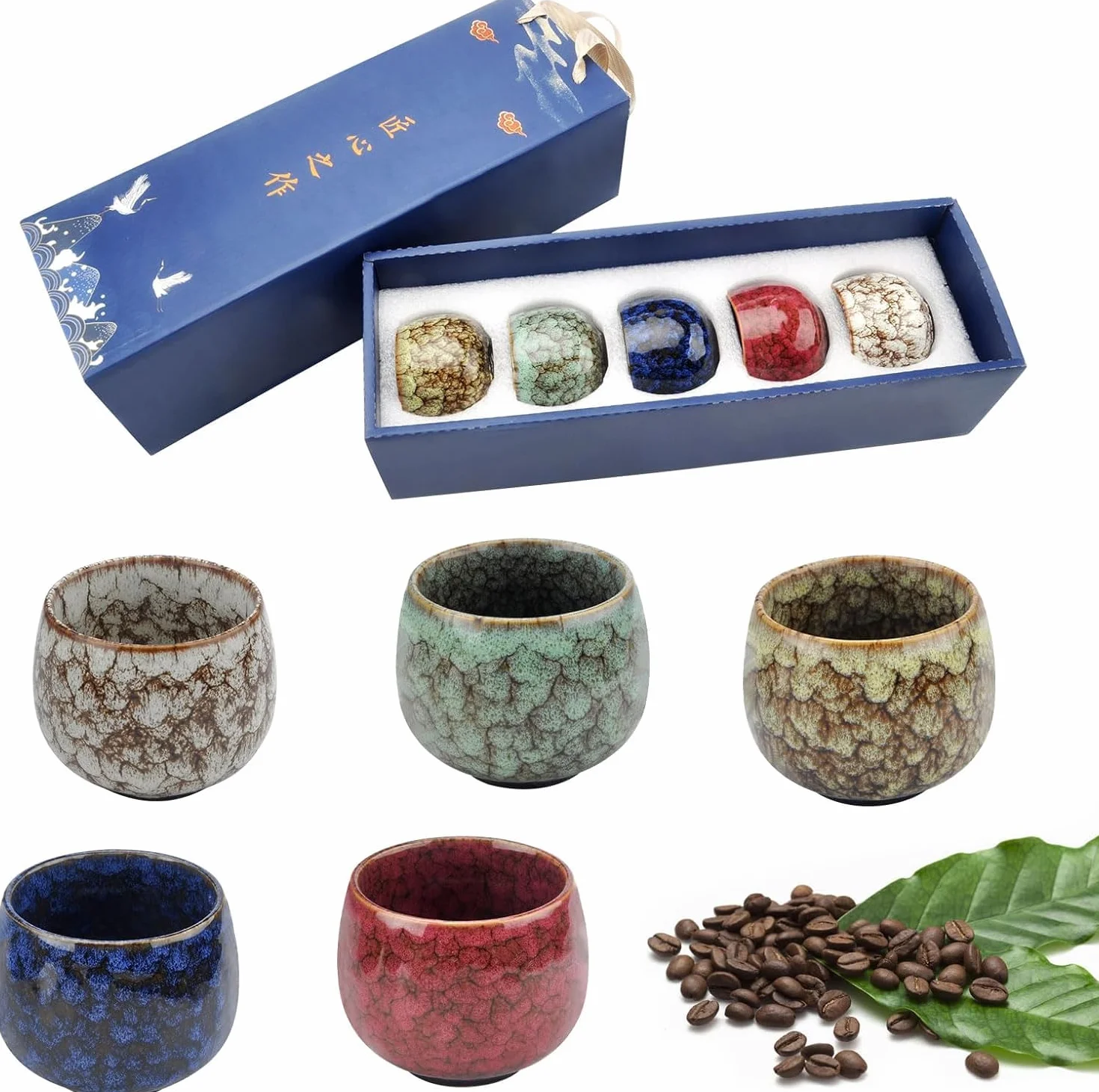 Zestaw 5 filiżanek do espresso, 130 ml, ceramiczne, bez uchwytu, do cappuccino, japońskie filiżanki do herbaty, filiżanki do espresso i mokki, zestaw filiżanek do herbaty