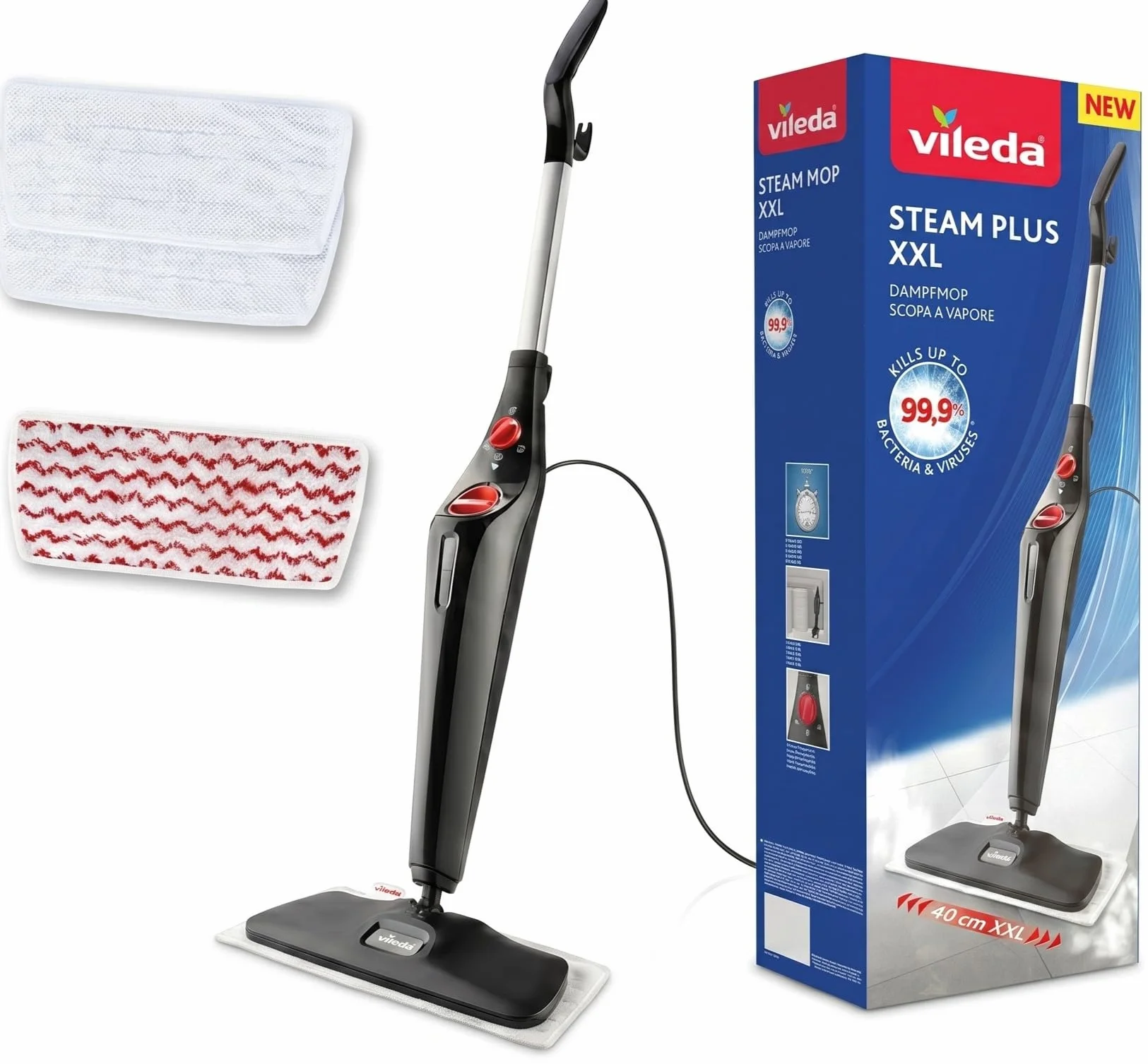 Vileda Steam PLUS Power Pad XXL mop parowy do mycia podłóg, parkietu, płytek i dywanów