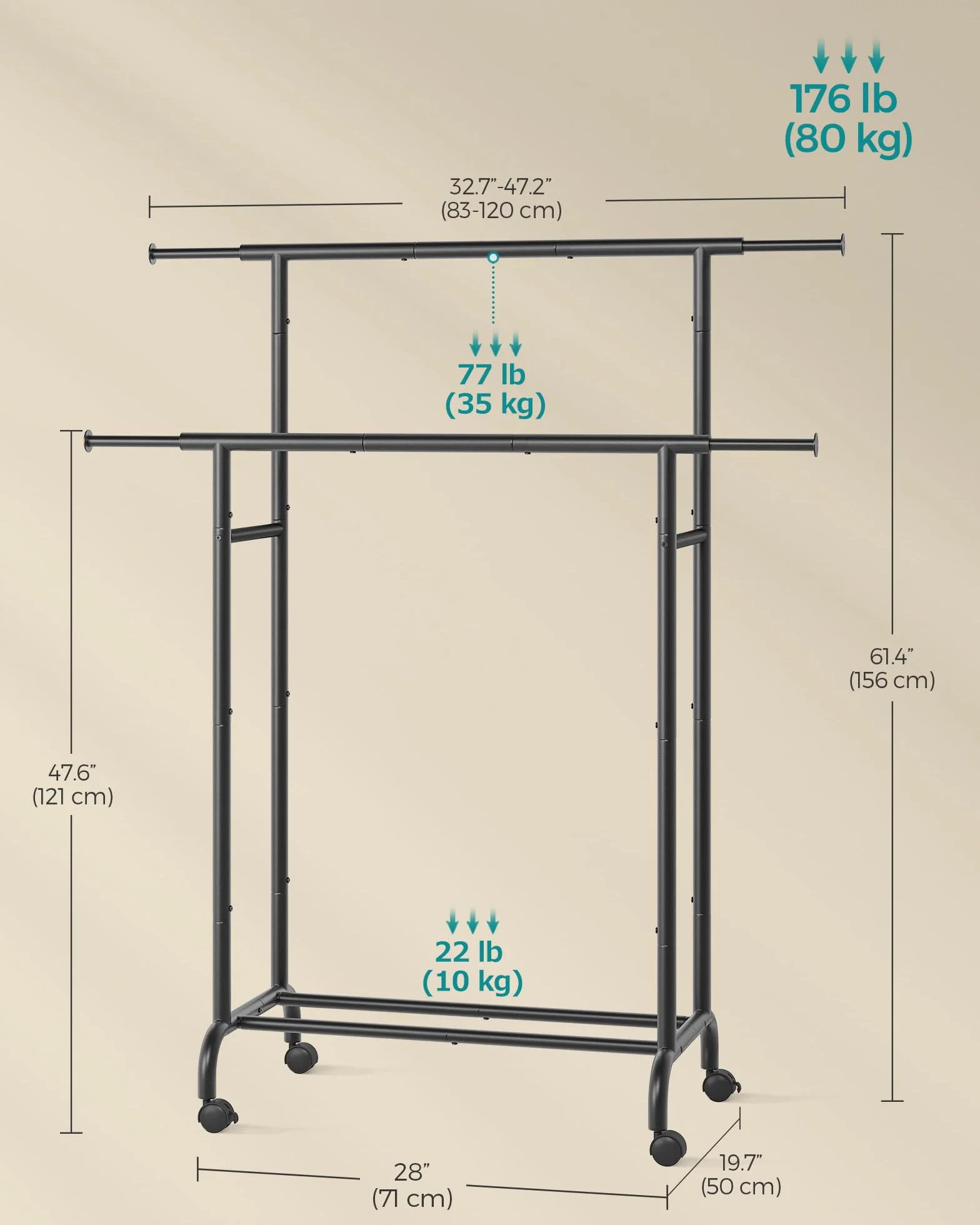 SONGMICS Wieszak na ubrania, podwójny wieszak na ubrania na kółkach, wysuwany stojak na ubrania, wytrzymała metalowa rama, maks. obciążenie 80 kg, szerokość 83-120 cm, czarny atrament HSR133B01
