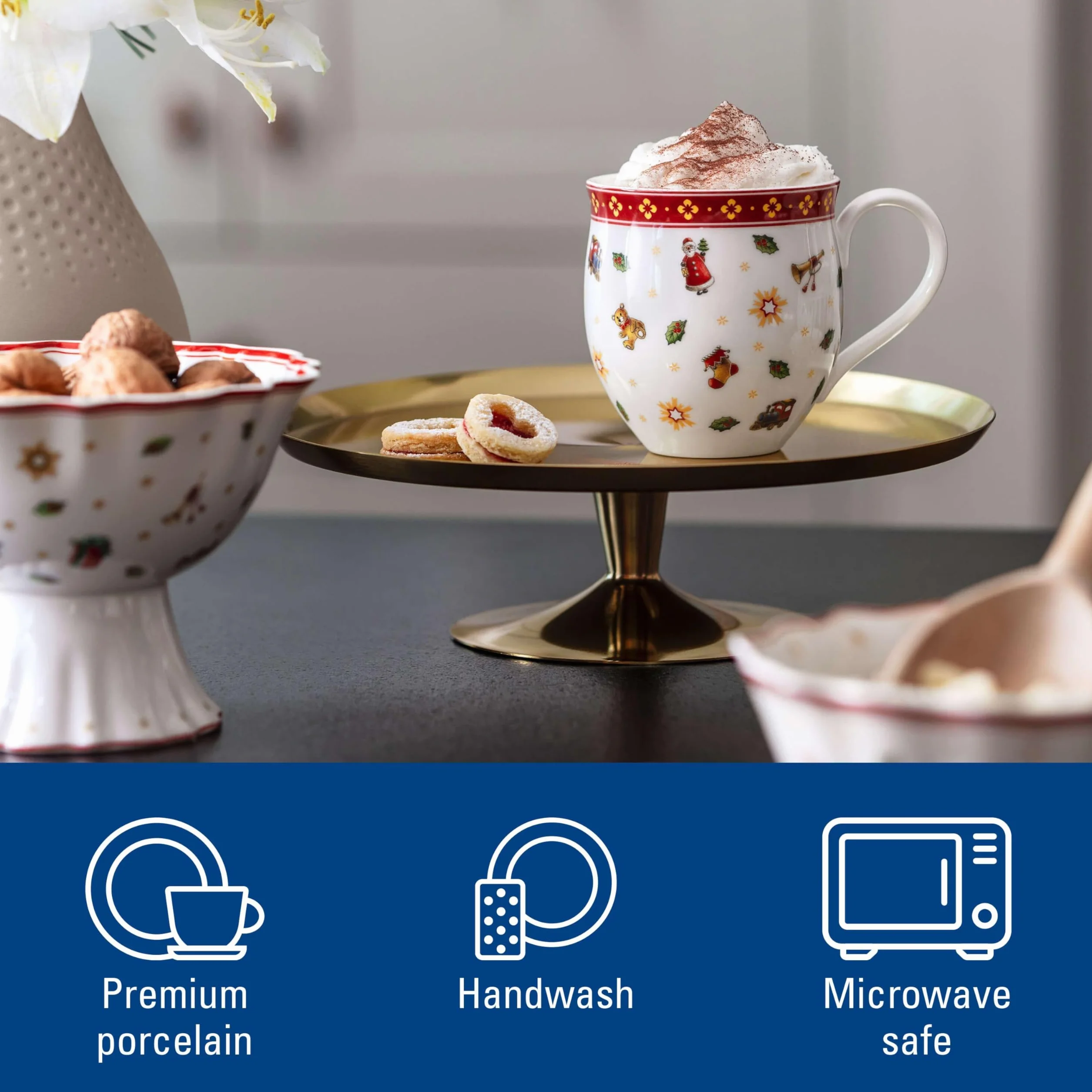 Villeroy & Boch – Toy's Delight kubek z uchem, kubek, filiżanka bożonarodzeniowa, filiżanka do kawy, kubek do gorących napojów, filiżanka na zimę, świąteczny kubek do kawy, porcelana