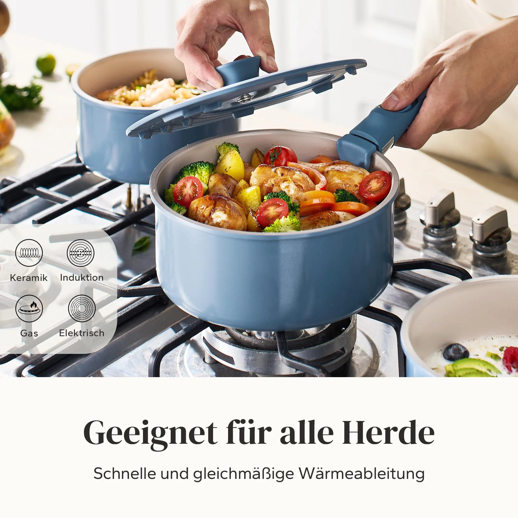 Redchef Zestaw garnków z odpinanym uchwytem, zestaw garnków z antyhaftową powłoką ceramiczną 16/18/20 cm i 3-w-1 zamknięciem, garnki indukcyjne do wszystkich rodzajów kuchenek, odporne na piekarnik