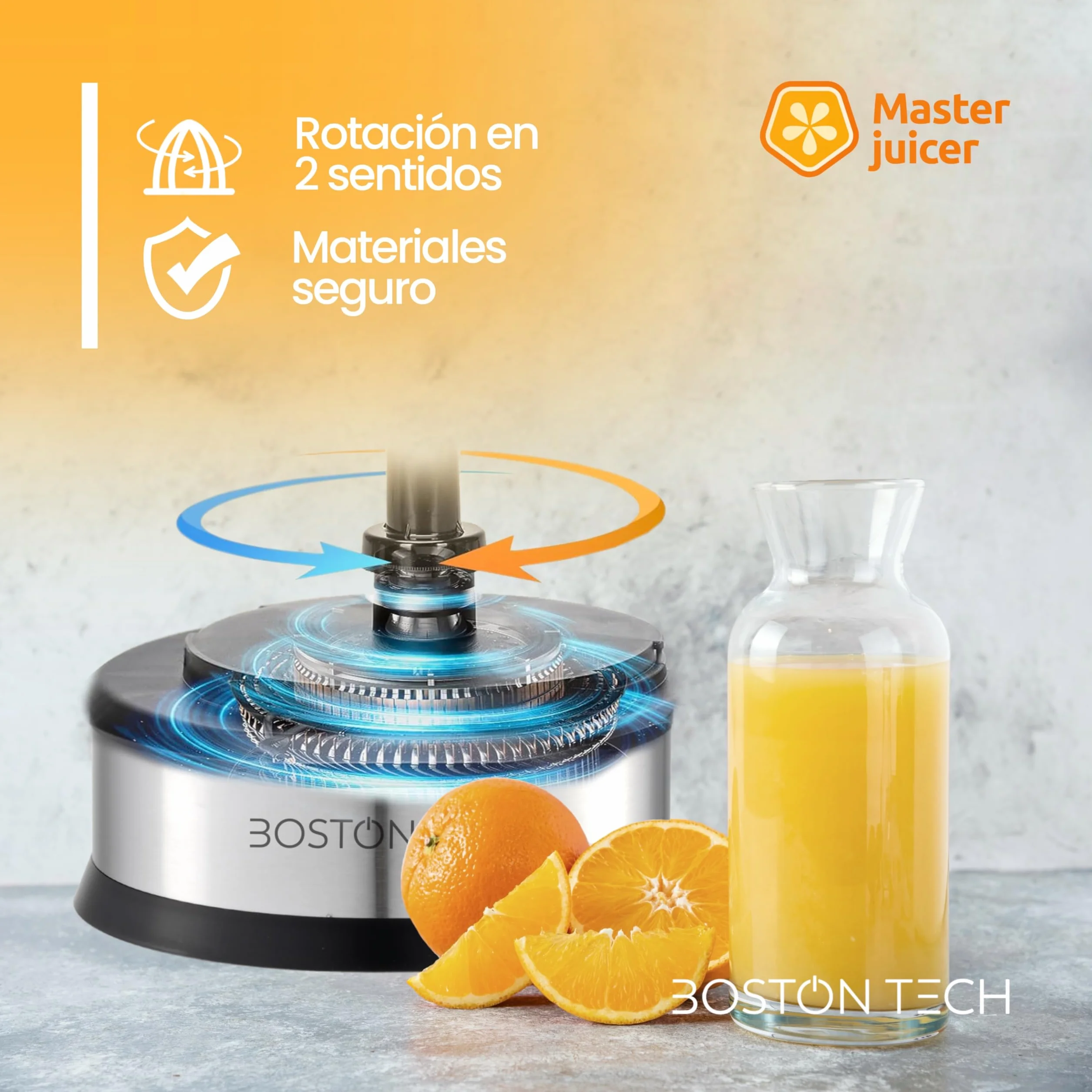 Boston Tech MasterJuicer elektryczna wyciskarka do cytrusów, 40 W, 2 stożki i nie zawiera BPA, 700 ml, wyciskarka do pomarańczy ze stali nierdzewnej, dwukierunkowa rotacja, wysoka wydajność soku i