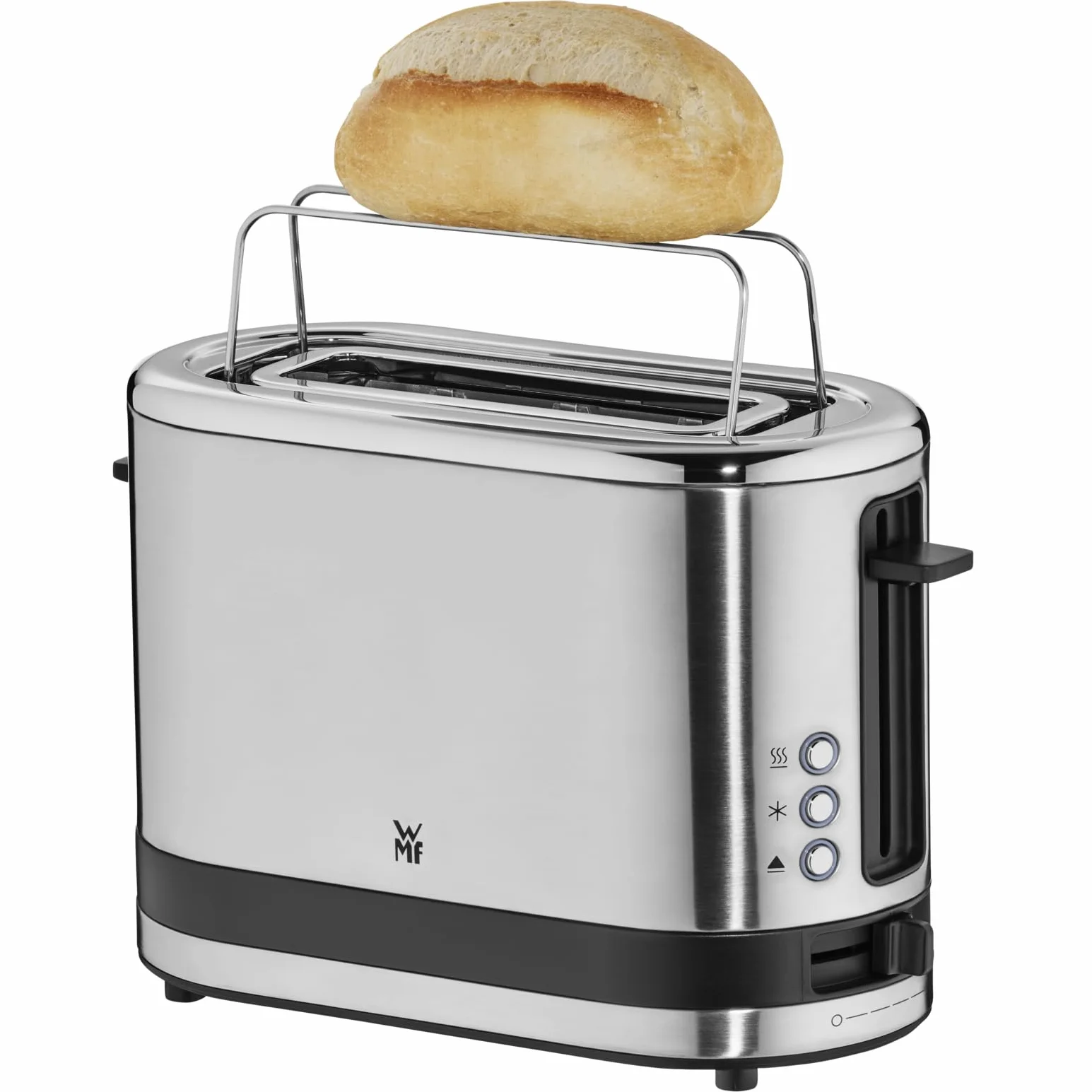 WMF Küchenminis toster na 1 kromki, długa szczelina, XXL-Tost, nakładka na bułki, 7 stopni opiekania, zabezpieczenie przed przegrzaniem, 600 W, stal nierdzewna, matowa