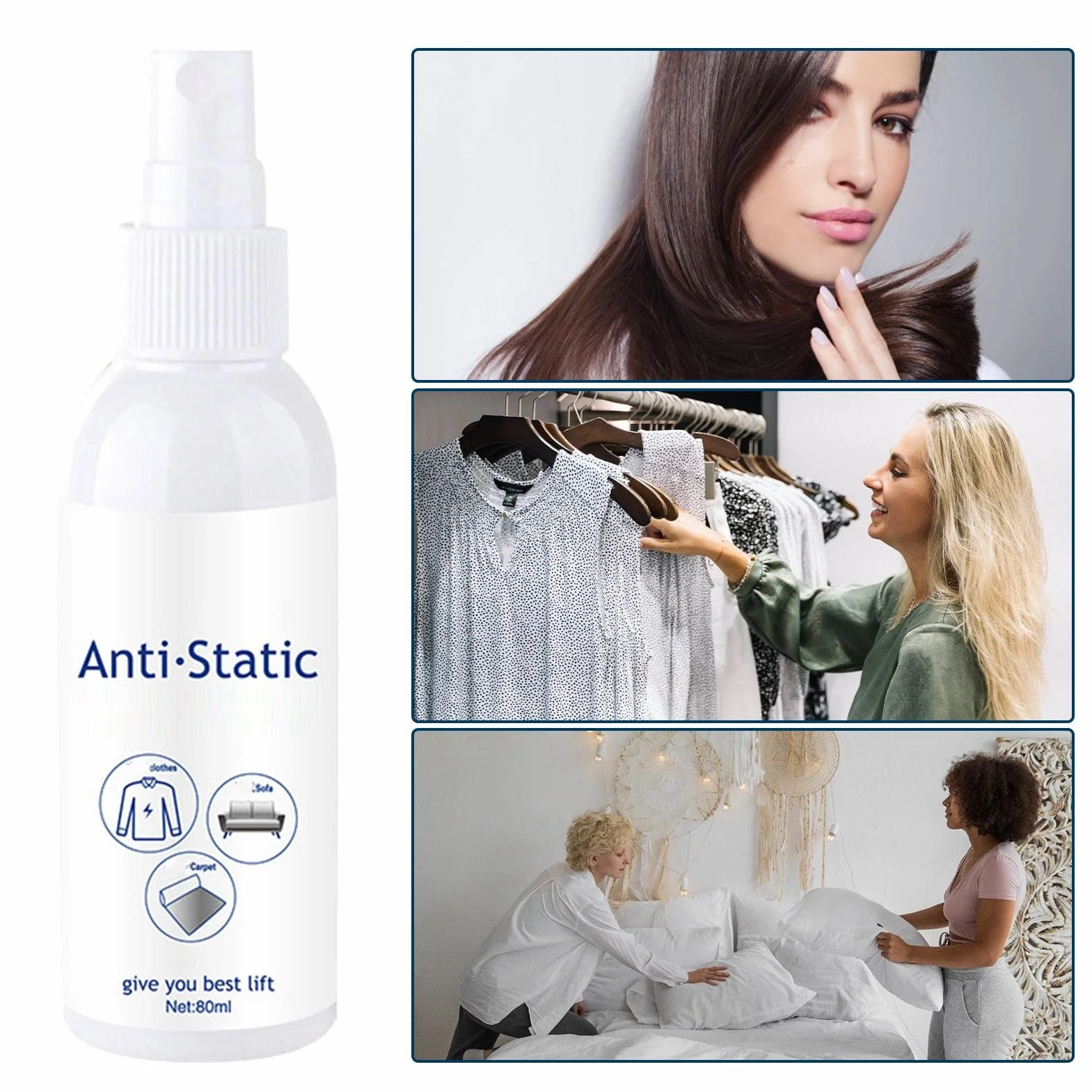 Antystatyczny spray, 80 ml, antystatyczny odświeżacz materiału, bezzapachowy płyn do płukania tkanin o natychmiastowym i długotrwałym działaniu, dla kobiet, mężczyzn i bielizny rodzinnej