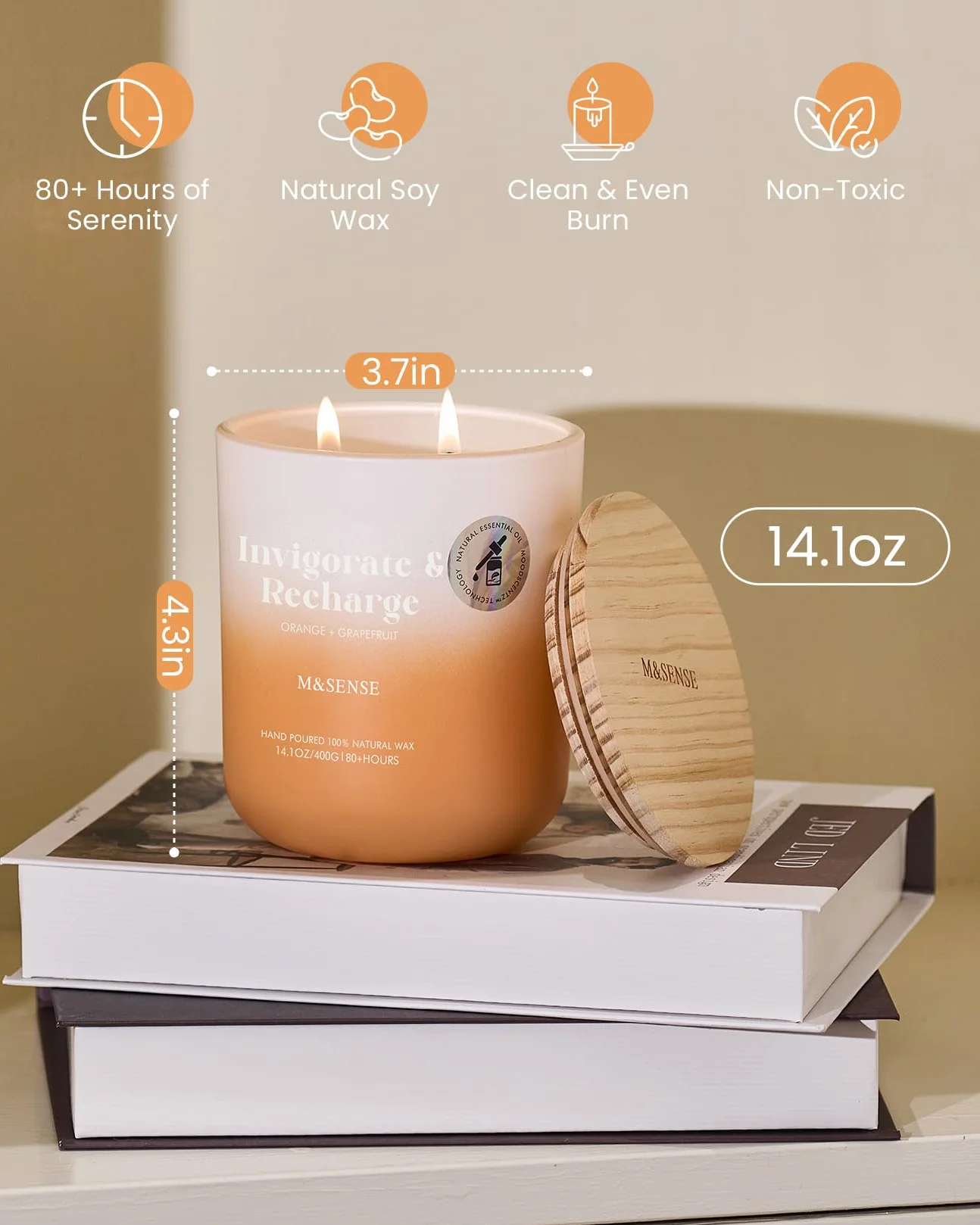 M&SENSE Świeca zapachowa, pomarańcze, grejpfrut, świece zapachowe w szkle, 400 g, duża świeca sojowa z dwoma knotami, czas palenia 80 godzin, świeca do aromaterapii, do jogi, spa, medytacji. Prezent