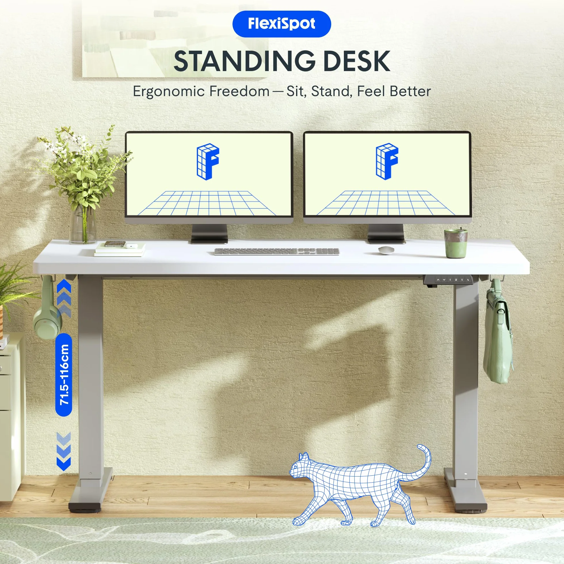 FLEXISPOT EN1 Podstawowe Biurko z Regulacją Wysokości 160 x 80 cm – Jednoczęściowy Blat – Ergonomiczne Biurko do Pracy Siedząco-Stojącej z Łatwą Obsługą (Szary + Biały, 160 x 80 cm)