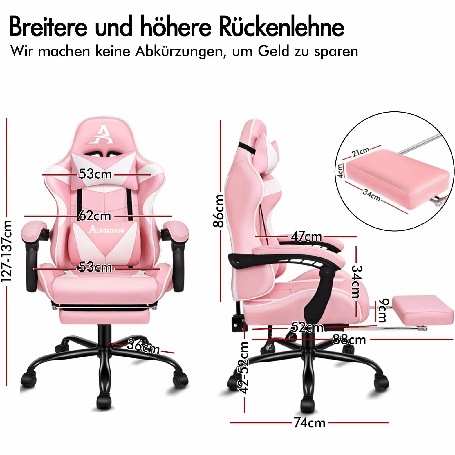 ALFORDSON fotel do gier, ergonomiczne krzesło biurowe, masażer, chowana podpórka na nogi, skóra PU, regulowana wysokość i nachylenie, ładowność 180 kg, kolor różowy