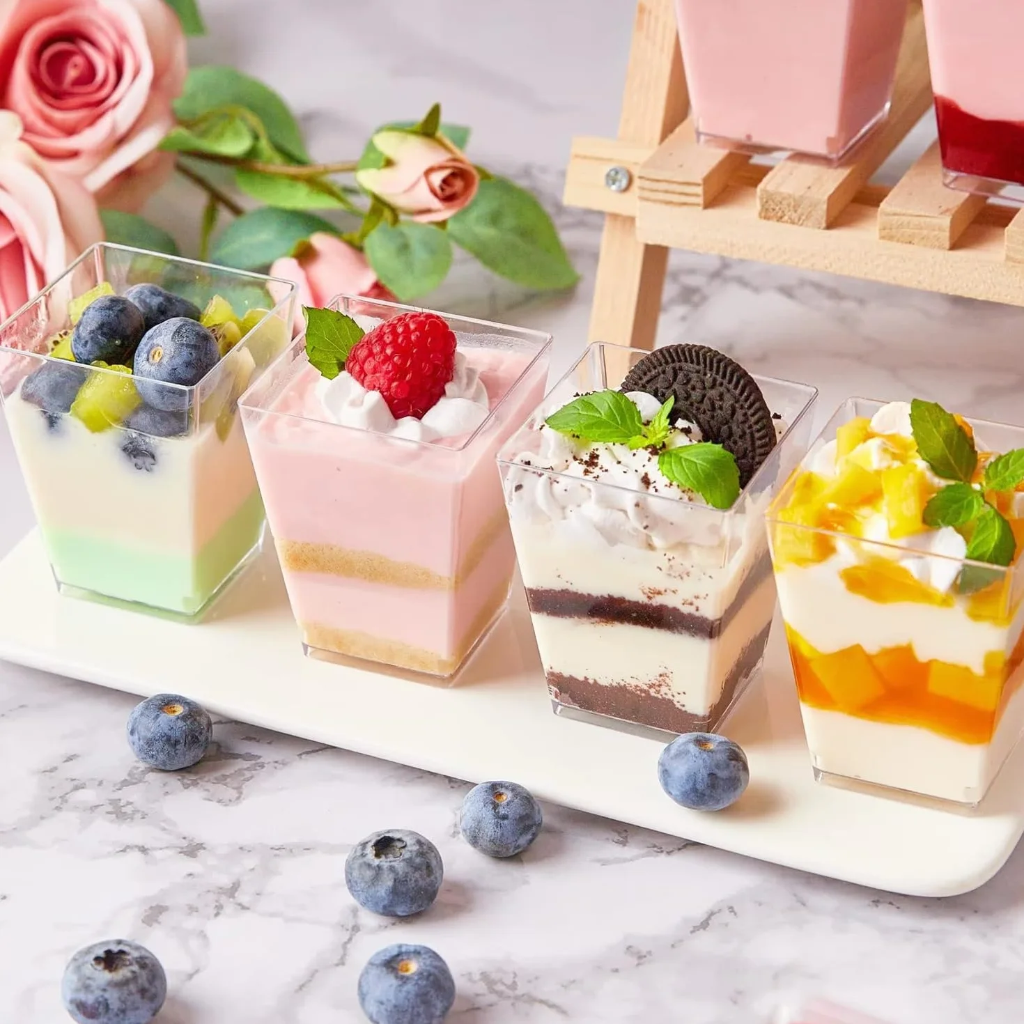 Filiżanki deserowe 200 ml, zestaw 50 szt. – przezroczyste kubki z tworzywa sztucznego wielokrotnego użytku na mus, budyń, tiramisu, sałatkę owocową – kwadratowe szklanki deserowe na