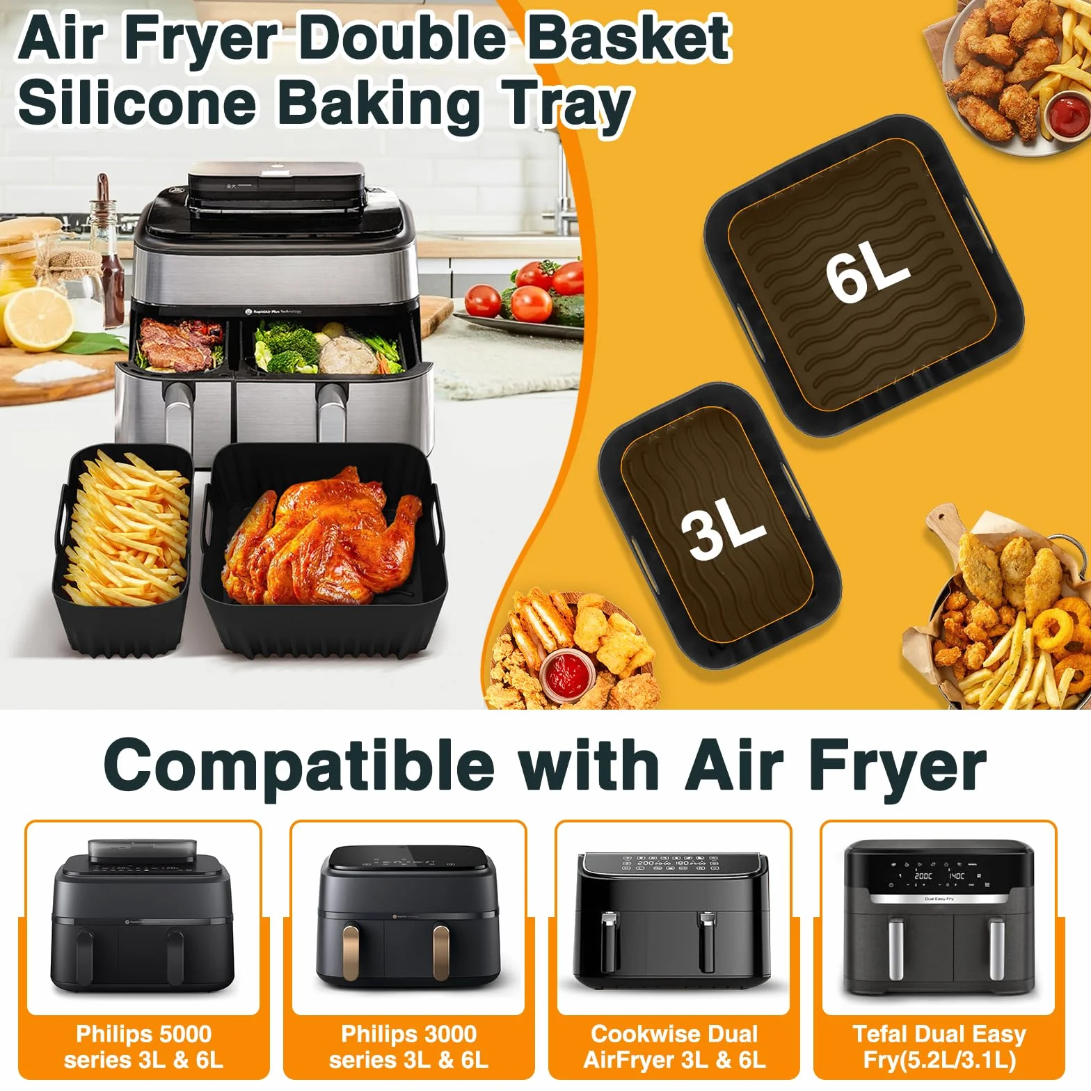 Zestaw 28 akcesoriów do frytkownicy na gorące powietrze, do Philips Dual Basket Airfryer 3000/5000 (6 l/3 l), TefalDual Easy 5,2 l/3,1 l, silikonowe formy do frytkownicy na gorące powietrze, ruszt do