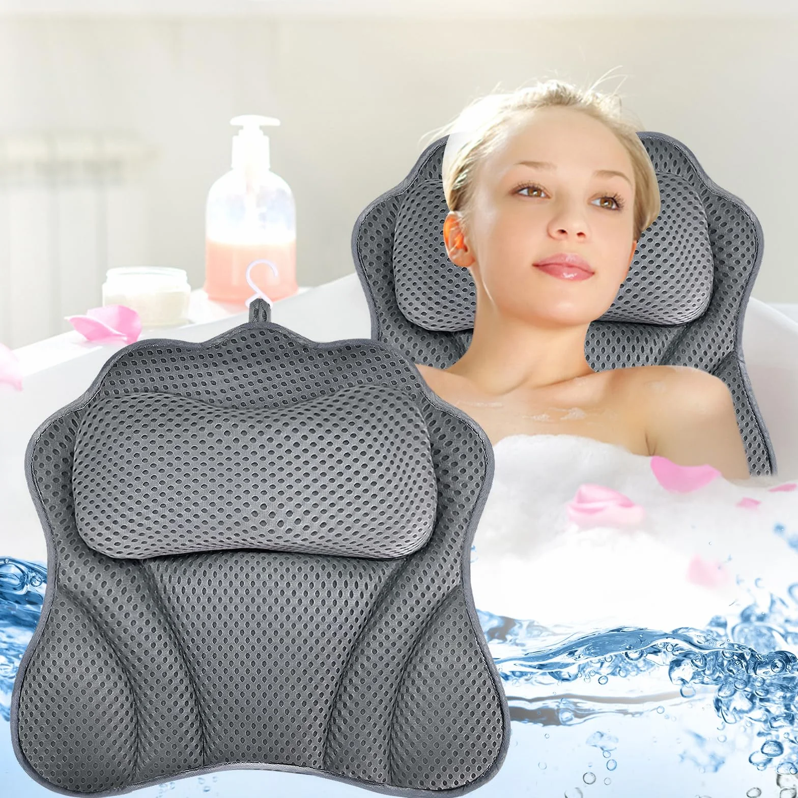 Poduszka do wanny z przyssawkami, poduszka do kąpieli jako poduszka pod kark i kark, z technologią 4D Air-Mesh, kark i plecy w wannie z 6 przyssawkami, poduszka do kąpieli spa, Szara