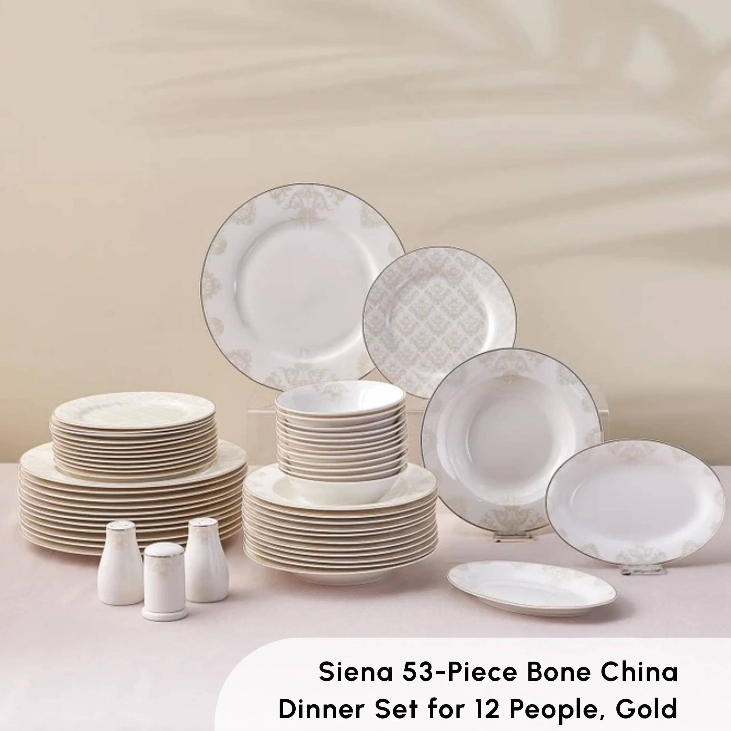 Karaca Siena 53-częściowe porcelanowe zestawy obiadowe z talerzami obiadowymi i deserowymi, miseczkami i uchwytem, porcelana kostna, zestawy obiadowe dla 12 osób (biała)