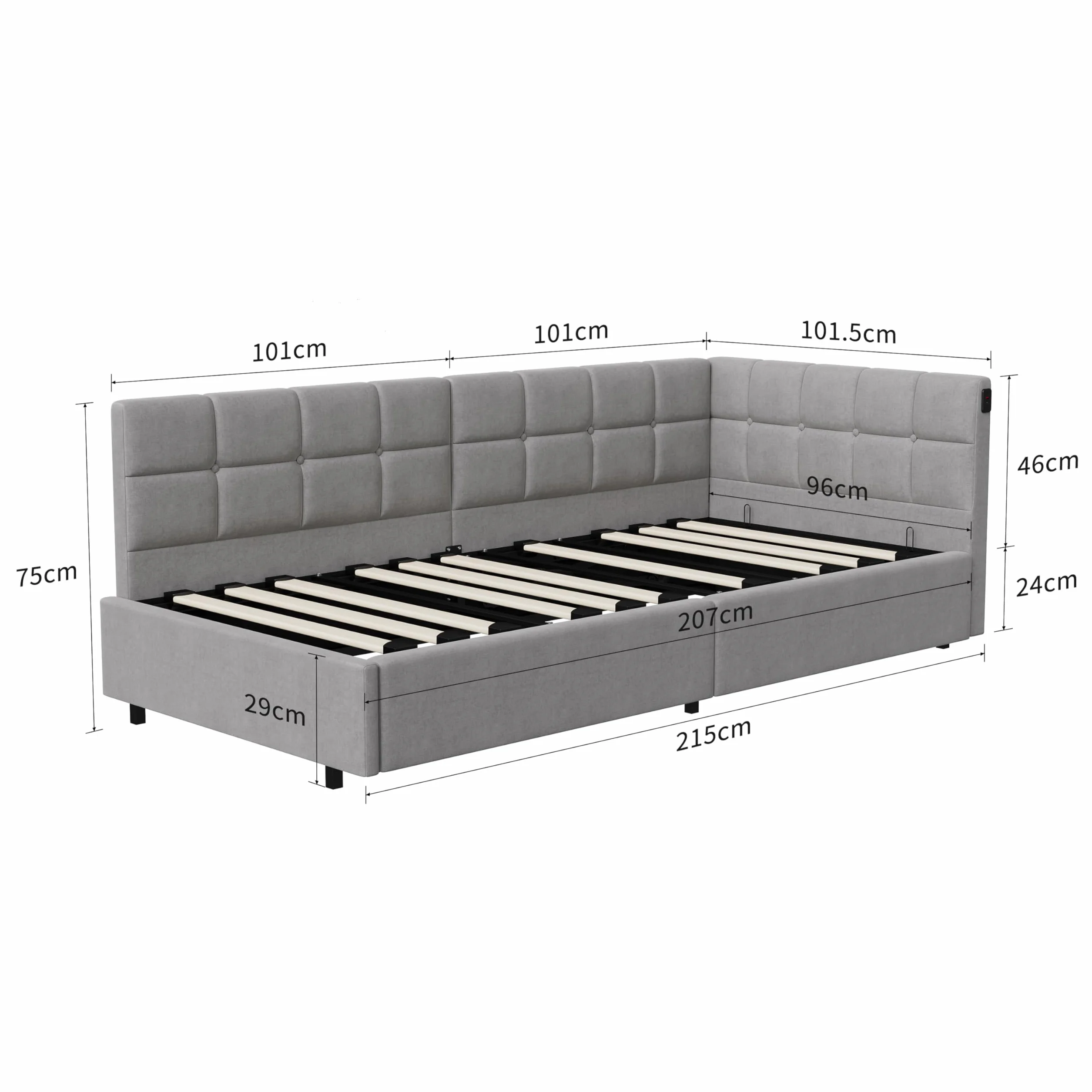 Łóżko tapicerowane 90 x 200 cm, łóżko pojedyncze ze schowkiem 90 x 200 z oświetleniem LED i USB, łóżka z hydrauliczną komorą, rama łóżka z stelażem listwowym, aksamit, szary (szary, 90 x 200 cm)