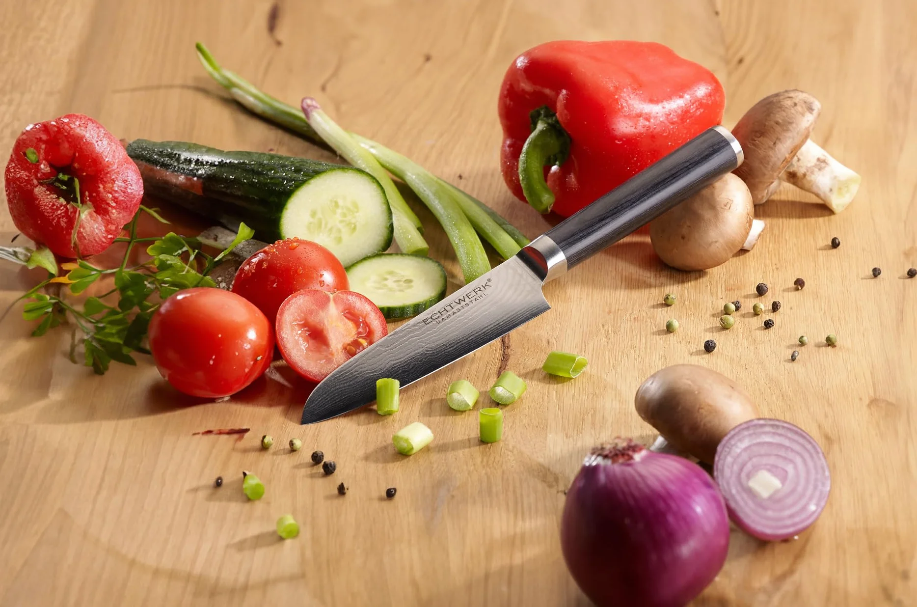 ECHTWERK Nóż damasceński, mały nóż santoku, tradycyjny nóż japoński, nóż szefa kuchni, ostre ostrze do precyzyjnego cięcia mięsa, ryb i warzyw