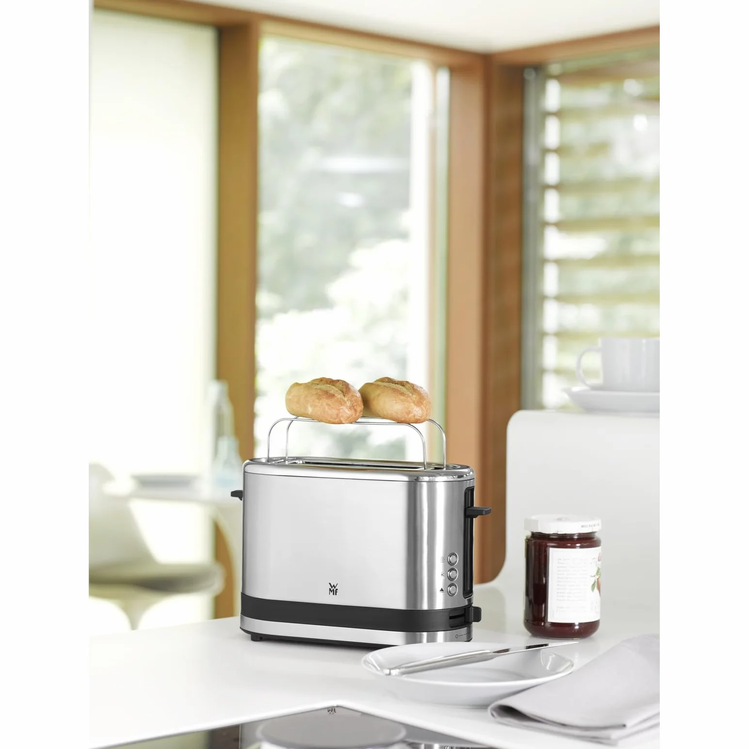 WMF Küchenminis toster na 1 kromki, długa szczelina, XXL-Tost, nakładka na bułki, 7 stopni opiekania, zabezpieczenie przed przegrzaniem, 600 W, stal nierdzewna, matowa