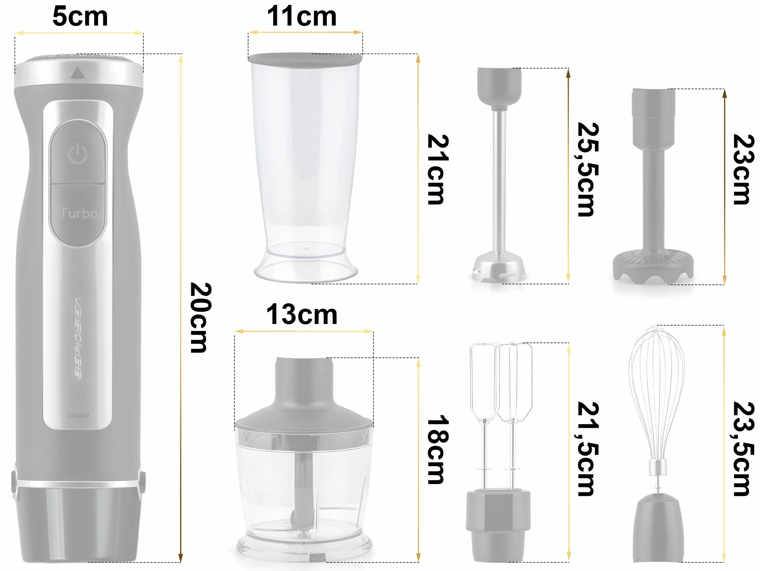 Berdsen Blender Ręczny 1500W Wielofunkcyjny 800 ml Stal Tworzywo Sztuczne Czarno-Szary