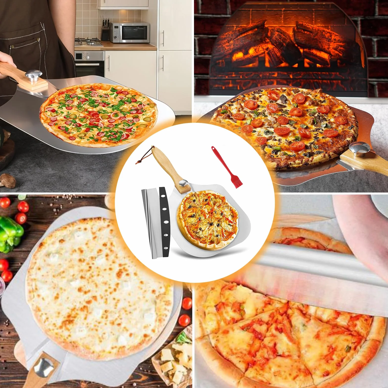 Łopatka do pizzy ze stali nierdzewnej, zestaw łopatek do pizzy, 30 cm, składana, z drewnianym uchwytem, nóż do pizzy i pędzlem do oleju, akcesoria do pieczenia, pizzy, chleba