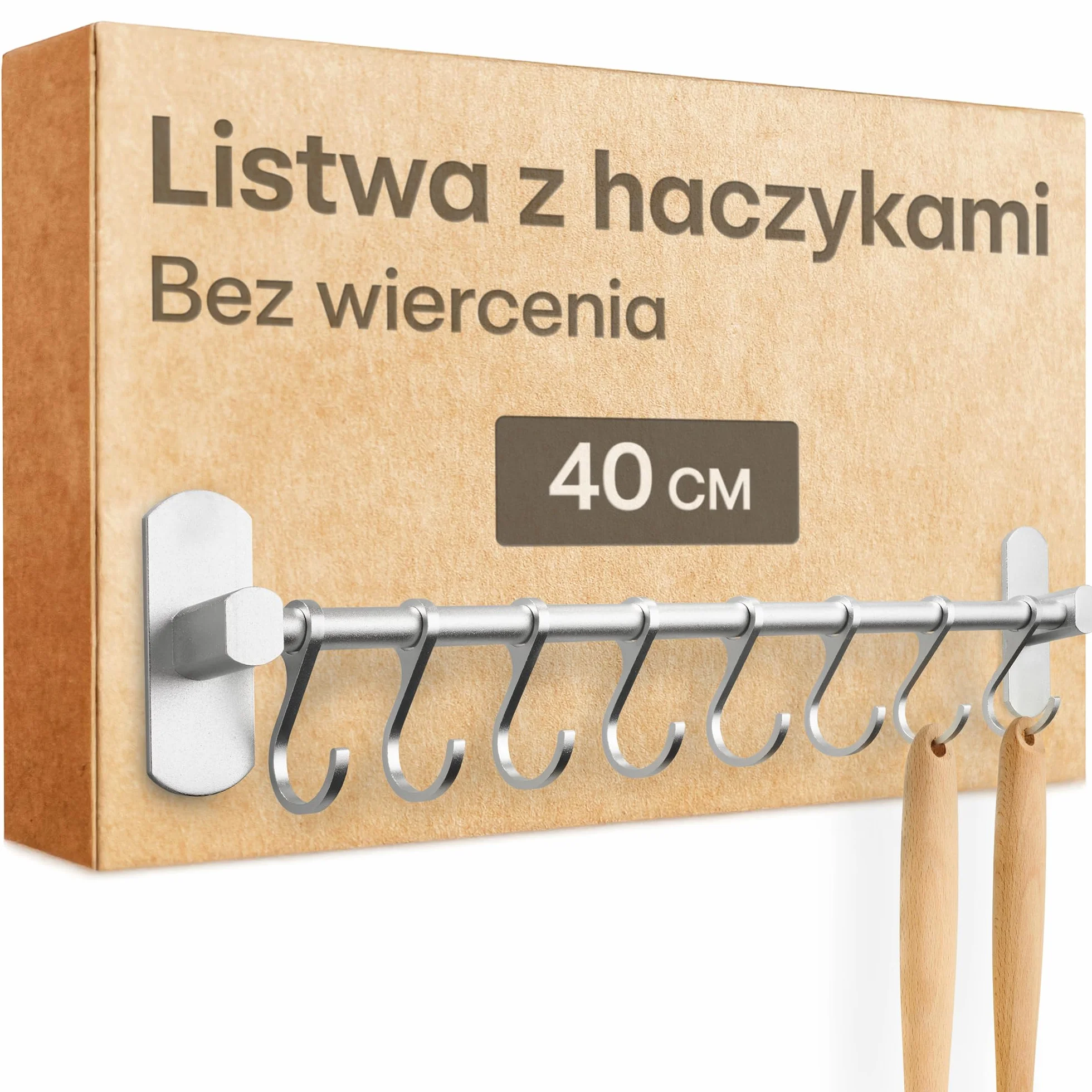 Listwa z haczykami na przybory kuchenne z 8 haczykami – bez wiercenia – samoprzylepna – 40 cm – regulowana