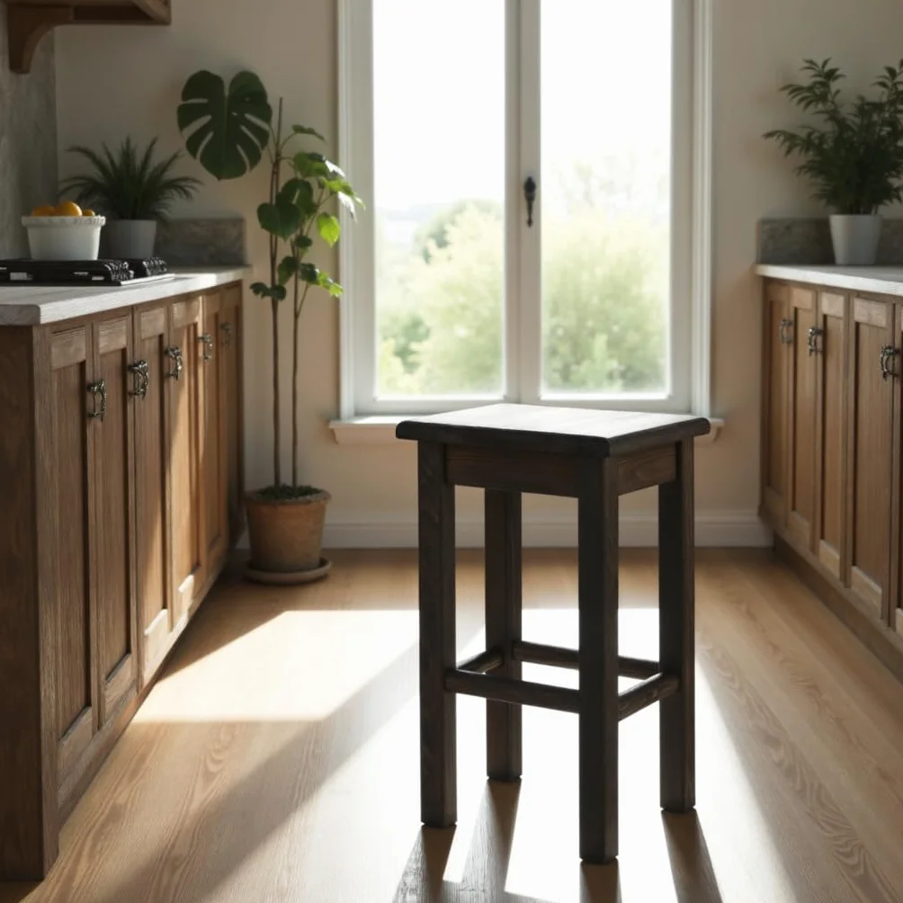 KADAX Taboret drewniany z naturalnego drewna sosnowego, solidny stołek do siedzenia i jako podnóżek lub pomocniczy schodek w domu, kuchni i warsztacie, kwadratowy, kolor czarny