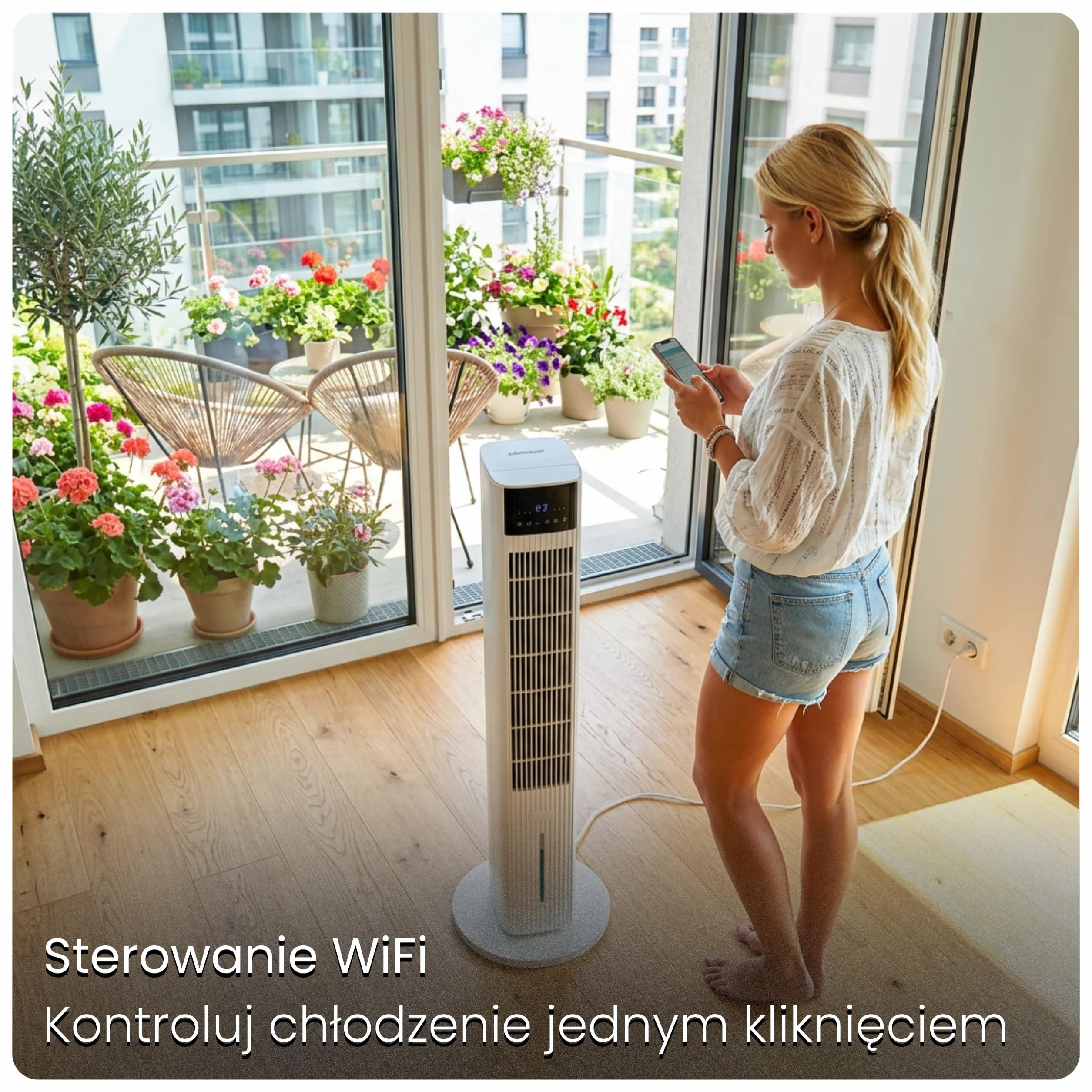 CoolAir Klimator Ewaporacyjny 5L z Chłodzeniem Wodnym - Inteligentny Wentylator Kolumnowy WiFi, Oscylacja 90°, Pilot, 65W - Przenośny Klimatyzator Pokojowy