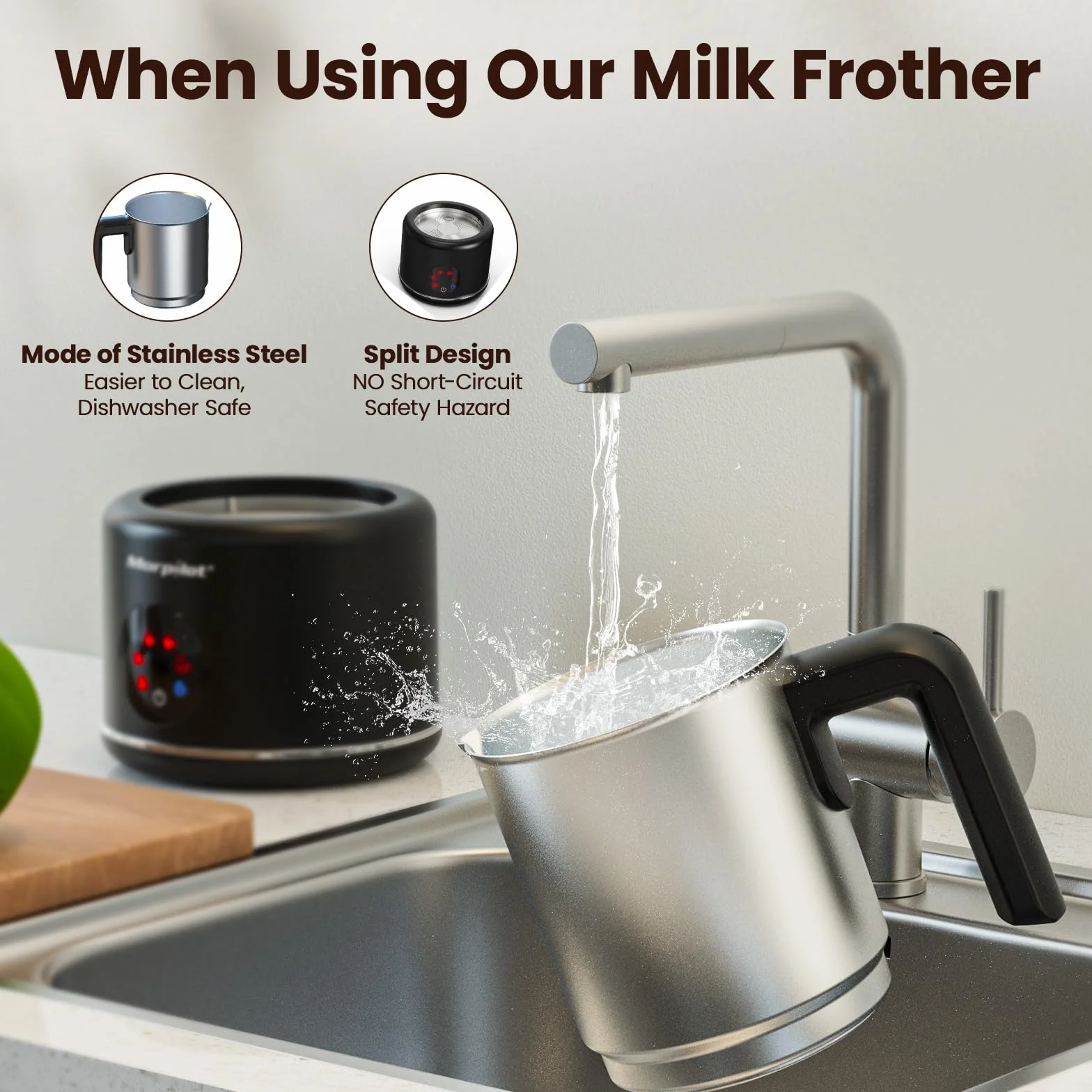 Elektryczny spieniacz do mleka, morpilot Milk Frother ze stali nierdzewnej, funkcja 6 w 1, pojemność 250 ml Cappuccino lub 500 ml ciepłe mleko, rozdzielony, czarny