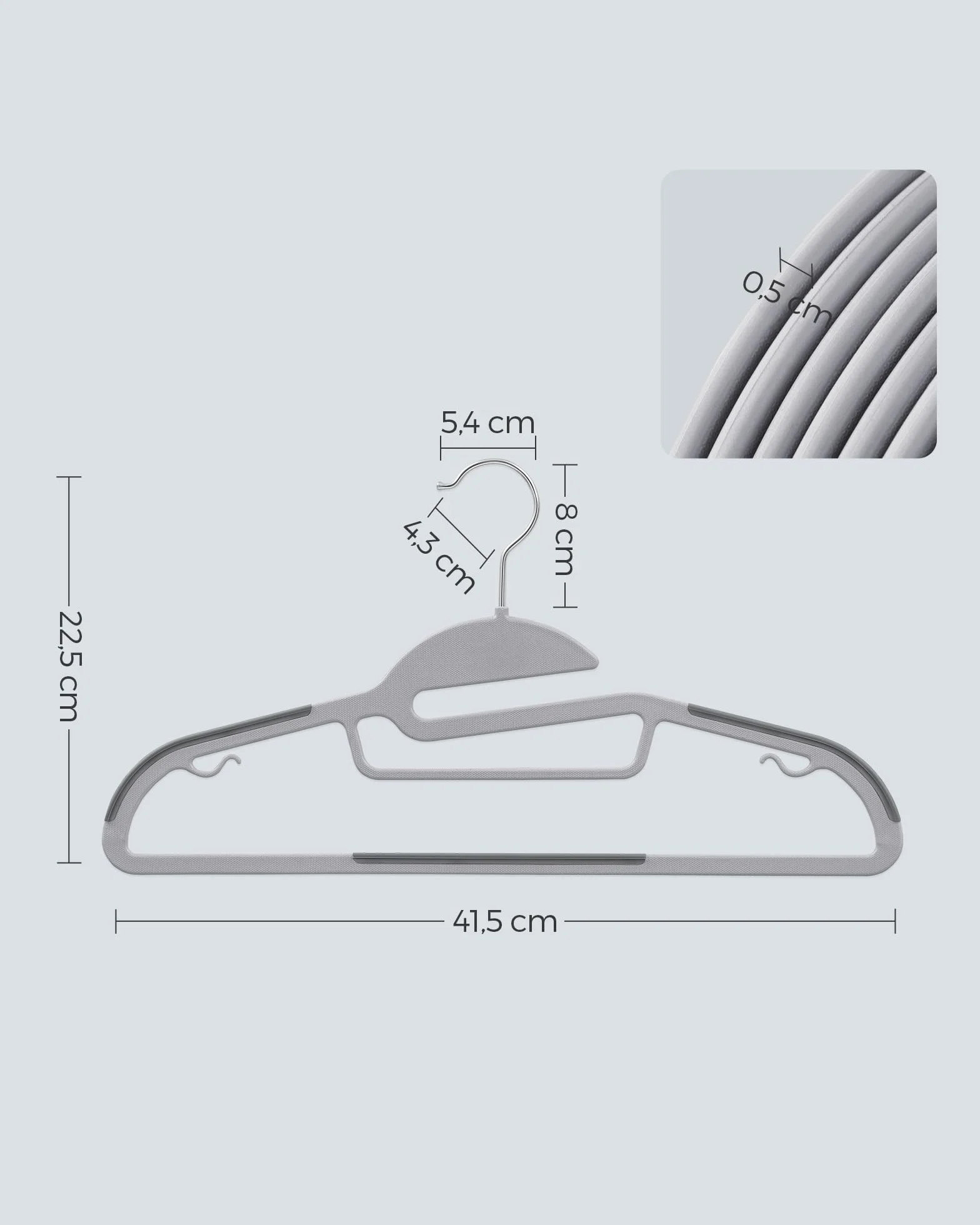 SONGMICS Wieszaki na ubrania, 50 sztuk, wieszaki na garnitury wykonane z tworzywa sztucznego, grubość 0,5 cm, haczyk obracany o 360°, długość 41,5 cm, CRP41G-50