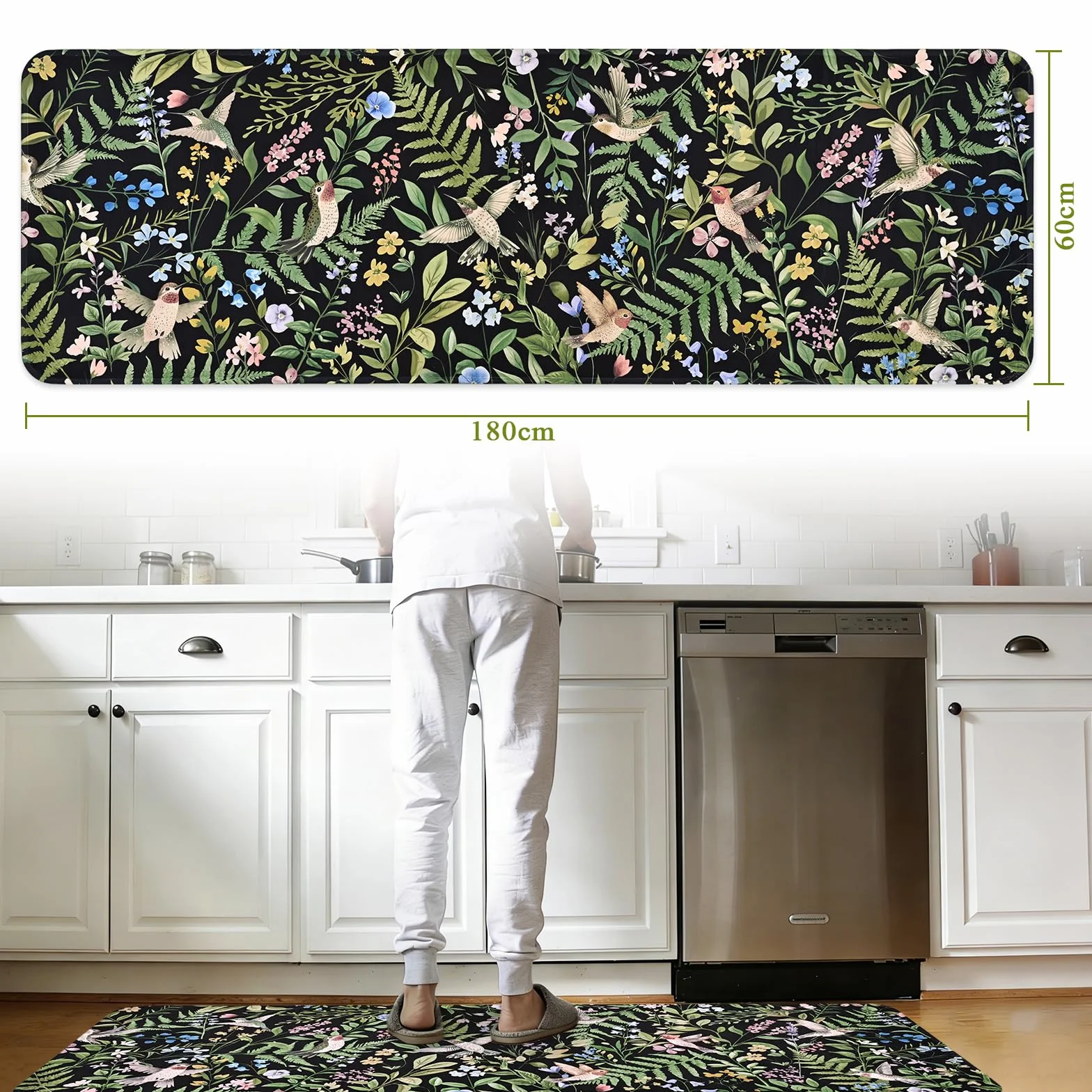 Alishomtll Dywanik kuchenny 60 x 180 cm antypoślizgowy czarny wzór kolibrów i kwiatów