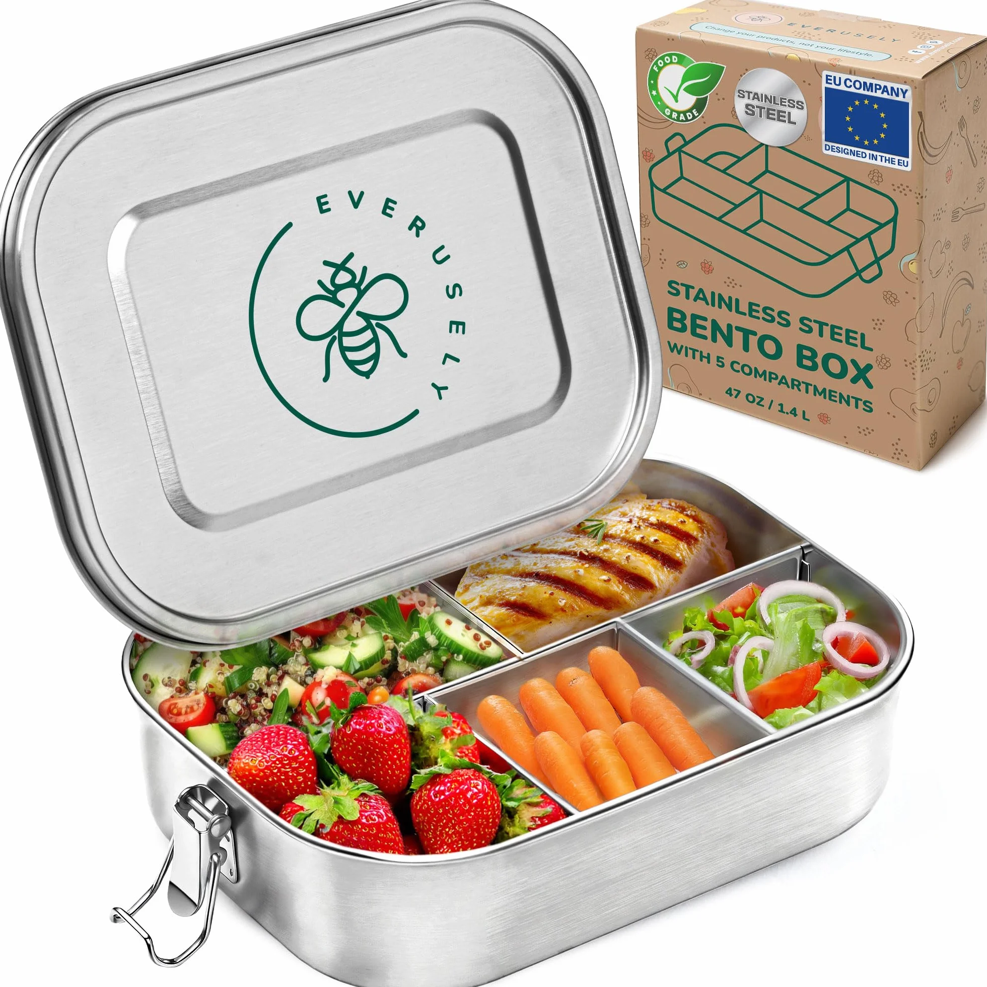 Everusely - Bento Box - Stainless Steel Lunch Box for Adults - 1.4 L - 5 Compartment Snack Container + Removable Silicone Seal + Secure Lock Clip
