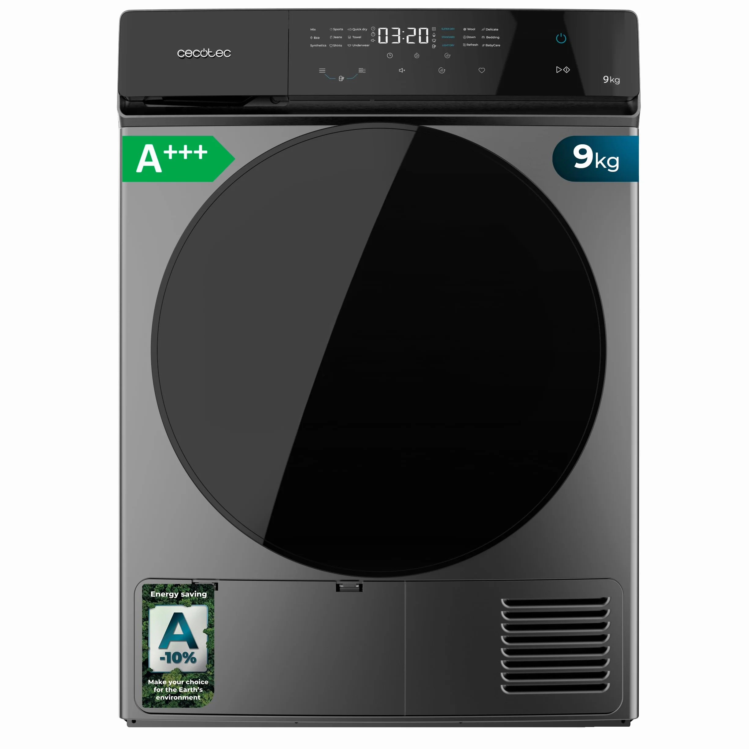 Cecotec Suszarka z pompą ciepła - 9 kg - Bolero DressCode Dry 9400 Steel A+++. 600 W, niskie zużycie energii, Full Touch, Easy Iron, 15 programów, automatyczne suszenie i bęben ze stali nierdzewnej