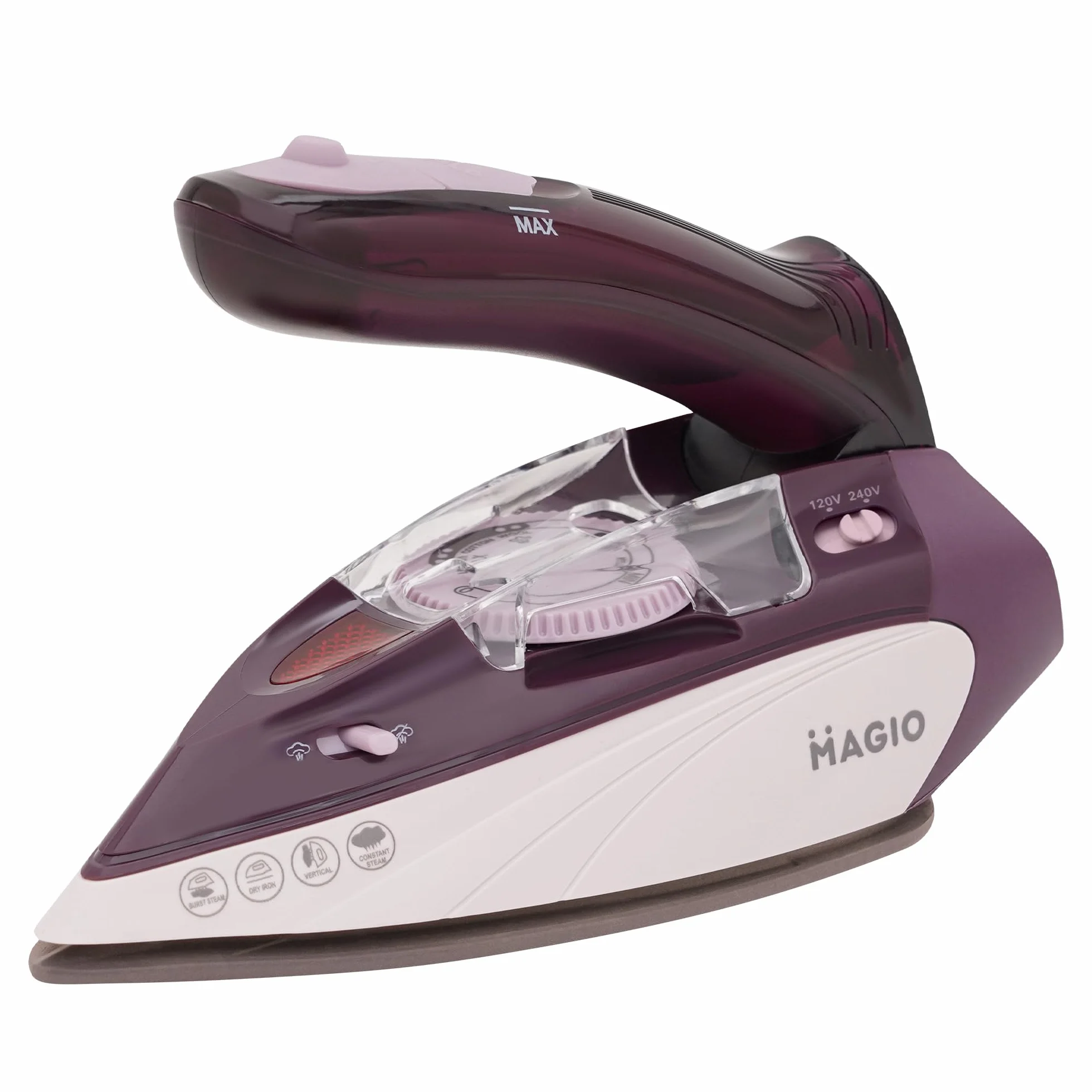 MAGIO Żelazko turystyczne parowe | 1100W | Składana rączka | Podwójne napięcie 120V-240V | Mini żelazko 0,7 kg | Ceramiczna stopa | Regulator temperatury
