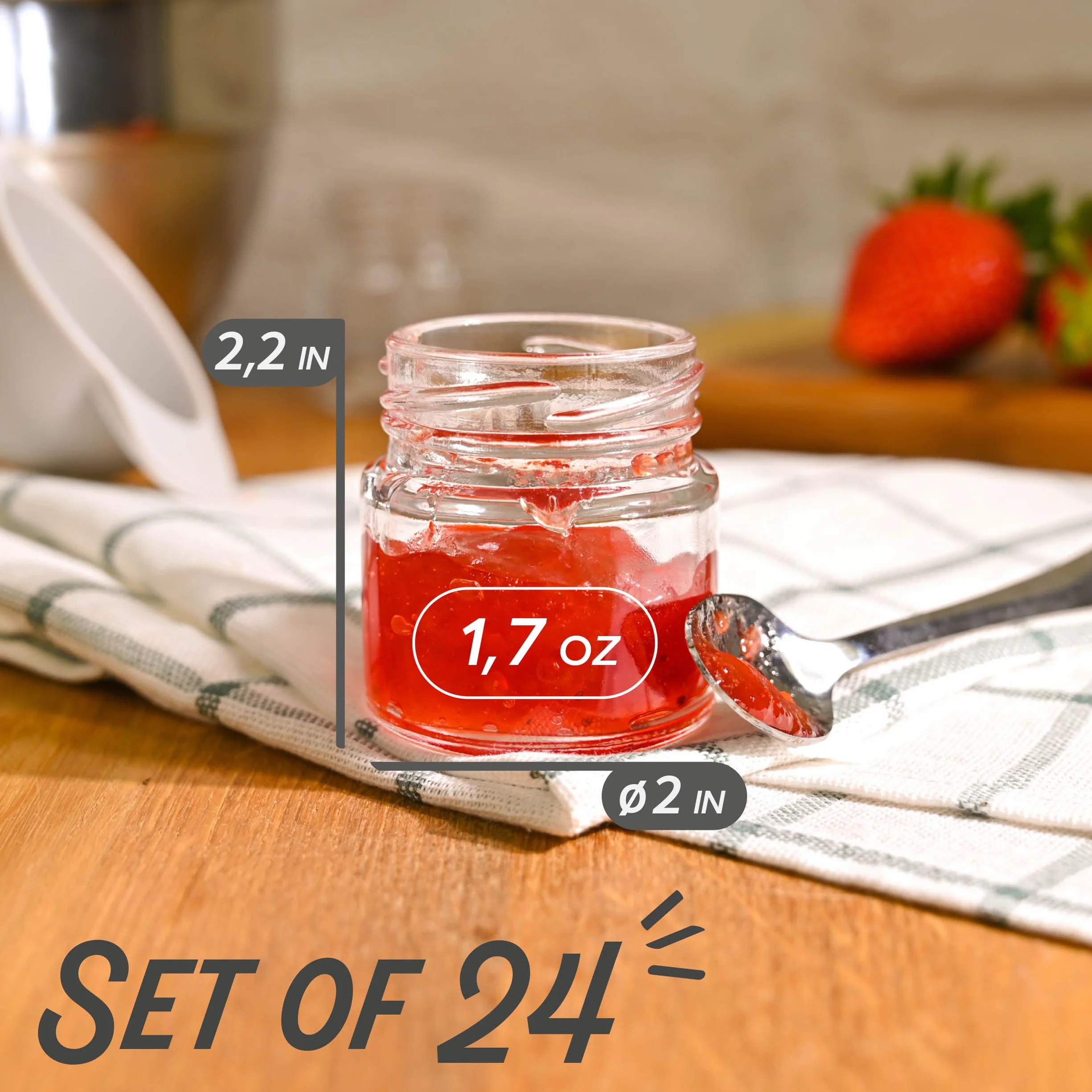 Praknu Słoiki na dżemy z pokrywką, 24 szklane słoiki o pojemności 50 ml, z etykietami i długopisem, szczelne, odporne na mycie w zmywarce, idealne na prezent