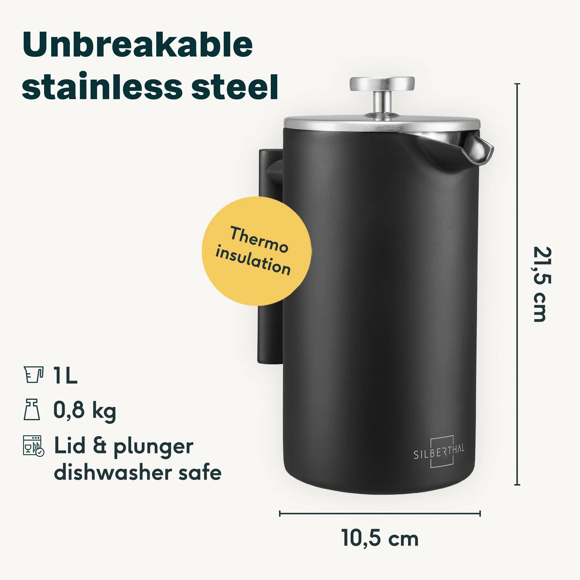 SILBERTHAL French Press Coffee Cafetiere 1L 8 filiżanek - 100% stal nierdzewna - izolacja próżniowa z podwójnymi ściankami - czarna