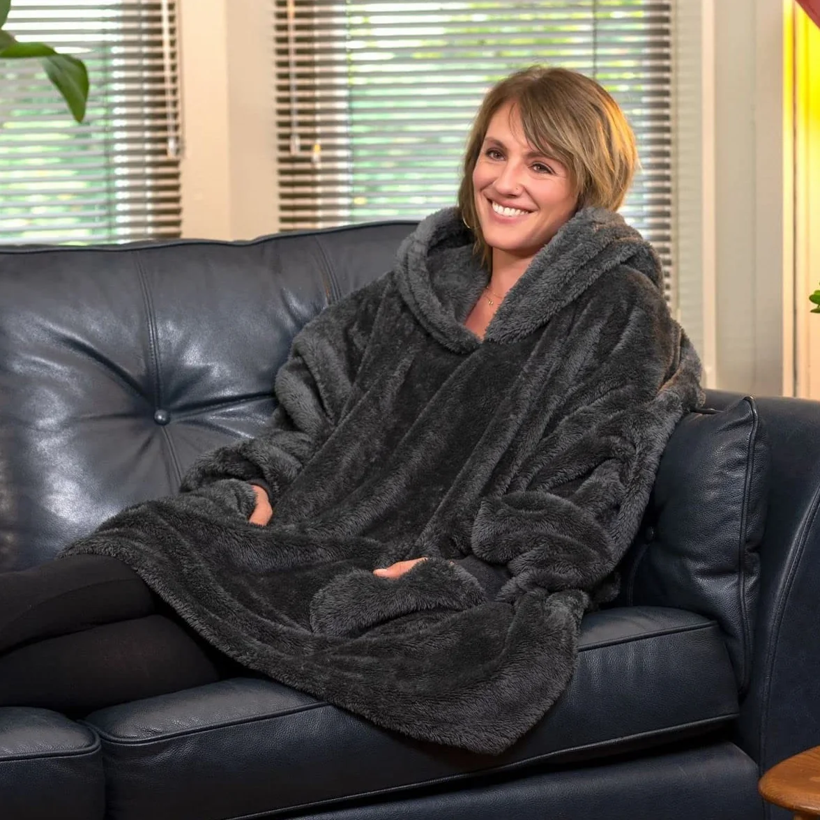 Snug Rug Szara kocobluza z kapturem, koc z rękawami, sztuczny kożuszek, dla dorosłych, sweter z kapturem, miękki, wygodny, bardzo duży koc z rękawami